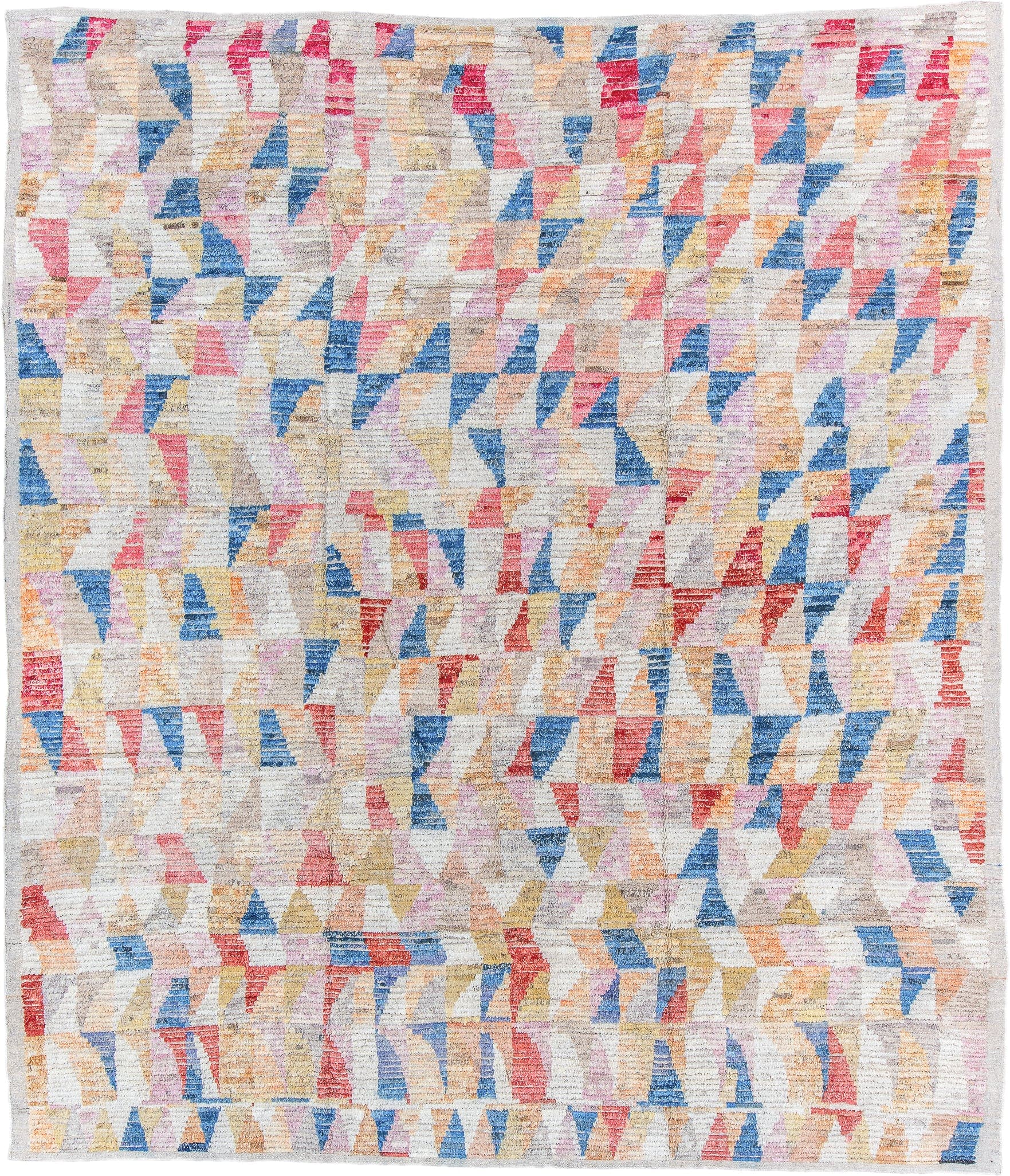 10' x 11' one-of-a-kind handmade vintage Tulu large size rug. Color palette: ivory, sky blue, coral, gold, blush, taupe