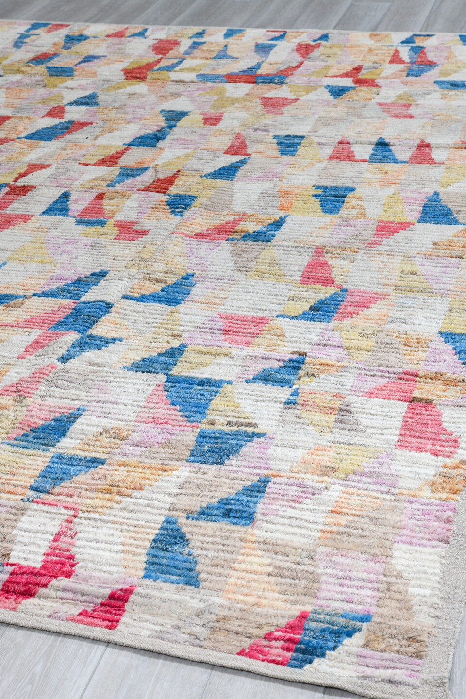 10' x 11' one-of-a-kind handmade vintage Tulu large size rug. Color palette: ivory, sky blue, coral, gold, blush, taupe