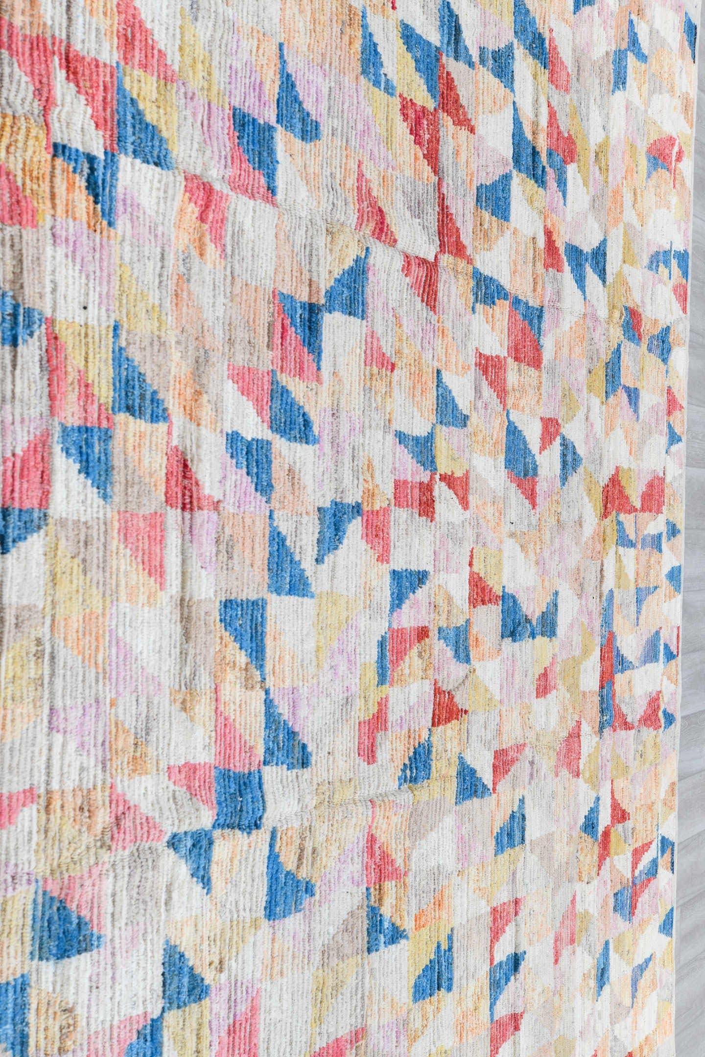 10' x 11' one-of-a-kind handmade vintage Tulu large size rug. Color palette: ivory, sky blue, coral, gold, blush, taupe
