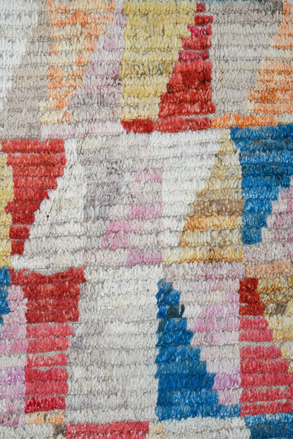 10' x 11' one-of-a-kind handmade vintage Tulu large size rug. Color palette: ivory, sky blue, coral, gold, blush, taupe