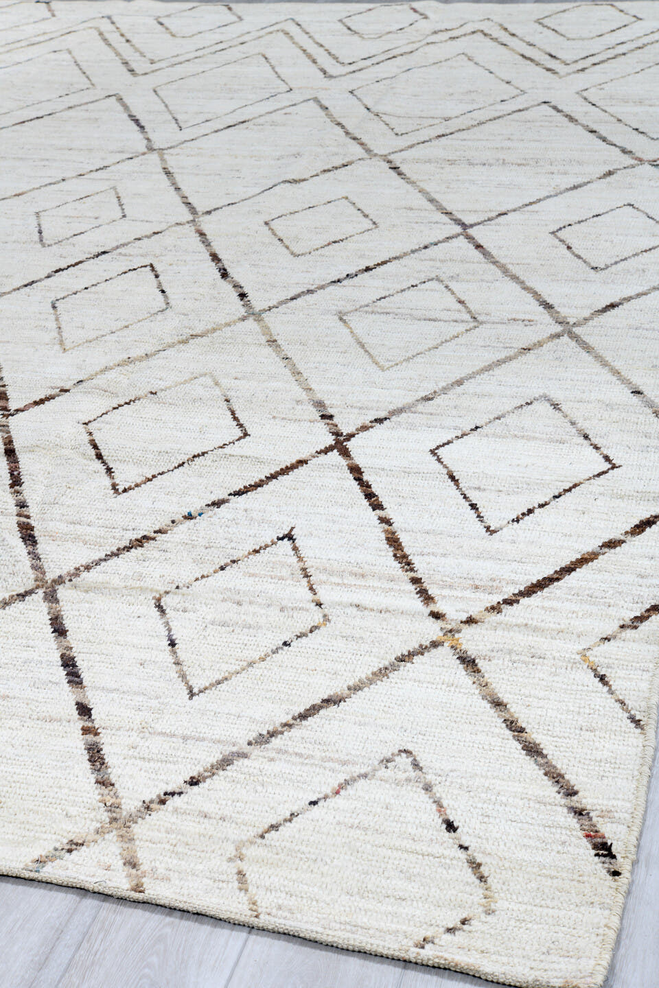 10' x 13' one-of-a-kind handmade vintage Tulu large size rug. Color palette: ivory, cream, taupe, light brown, beige