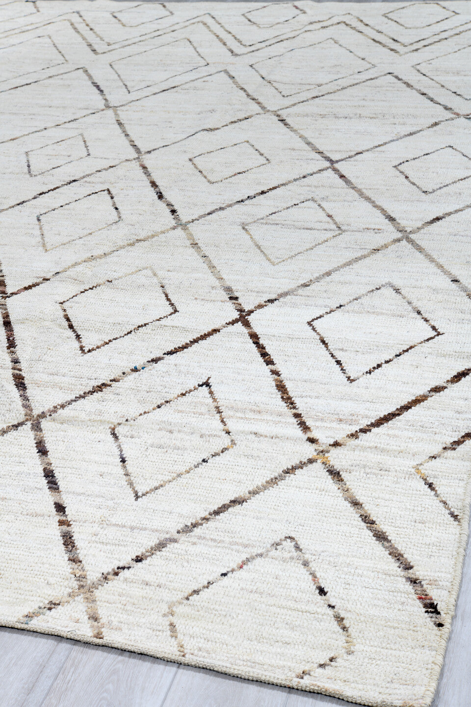 10' x 13' one-of-a-kind handmade vintage Tulu large size rug. Color palette: ivory, cream, taupe, light brown, beige