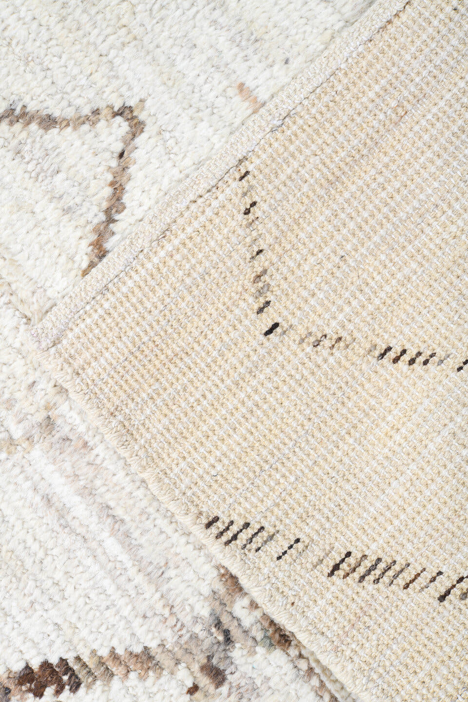 10' x 13' one-of-a-kind handmade vintage Tulu large size rug. Color palette: ivory, cream, taupe, light brown, beige