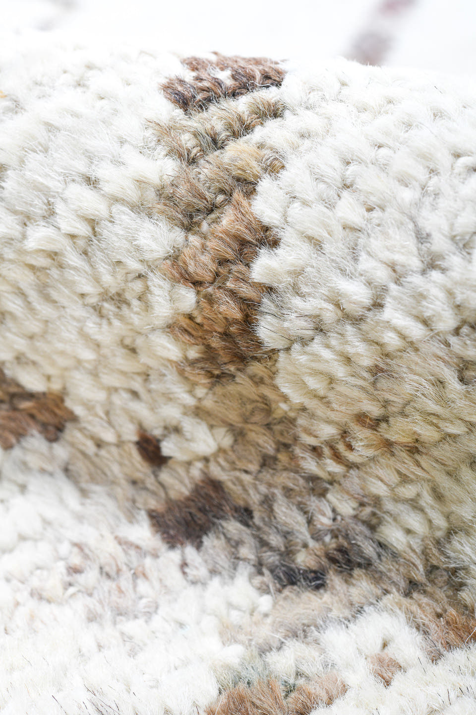 10' x 13' one-of-a-kind handmade vintage Tulu large size rug. Color palette: ivory, cream, taupe, light brown, beige