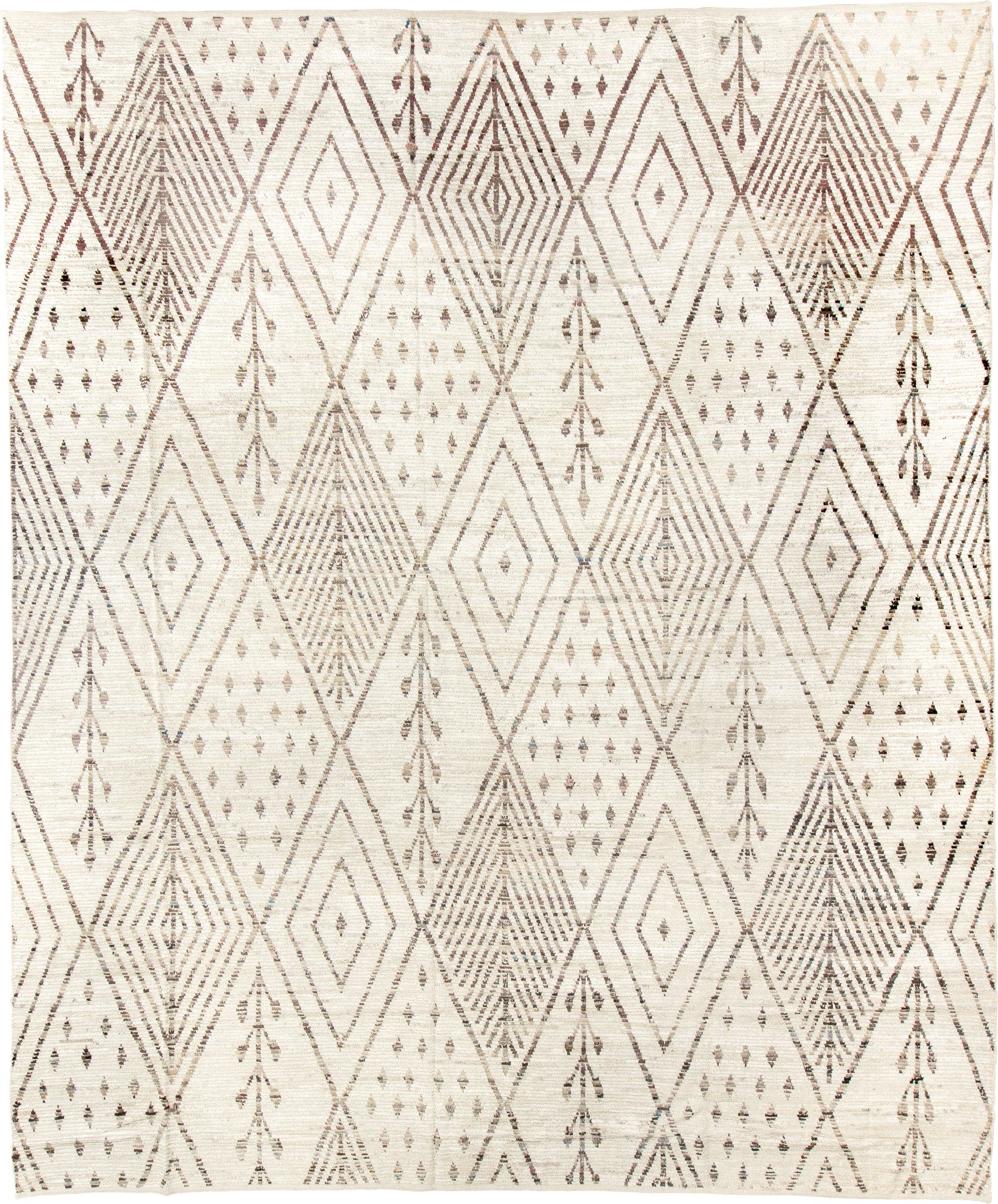 12' x 14' one-of-a-kind handmade vintage Tulu oversize rug. Color palette: ivory, taupe, brown, beige, gray