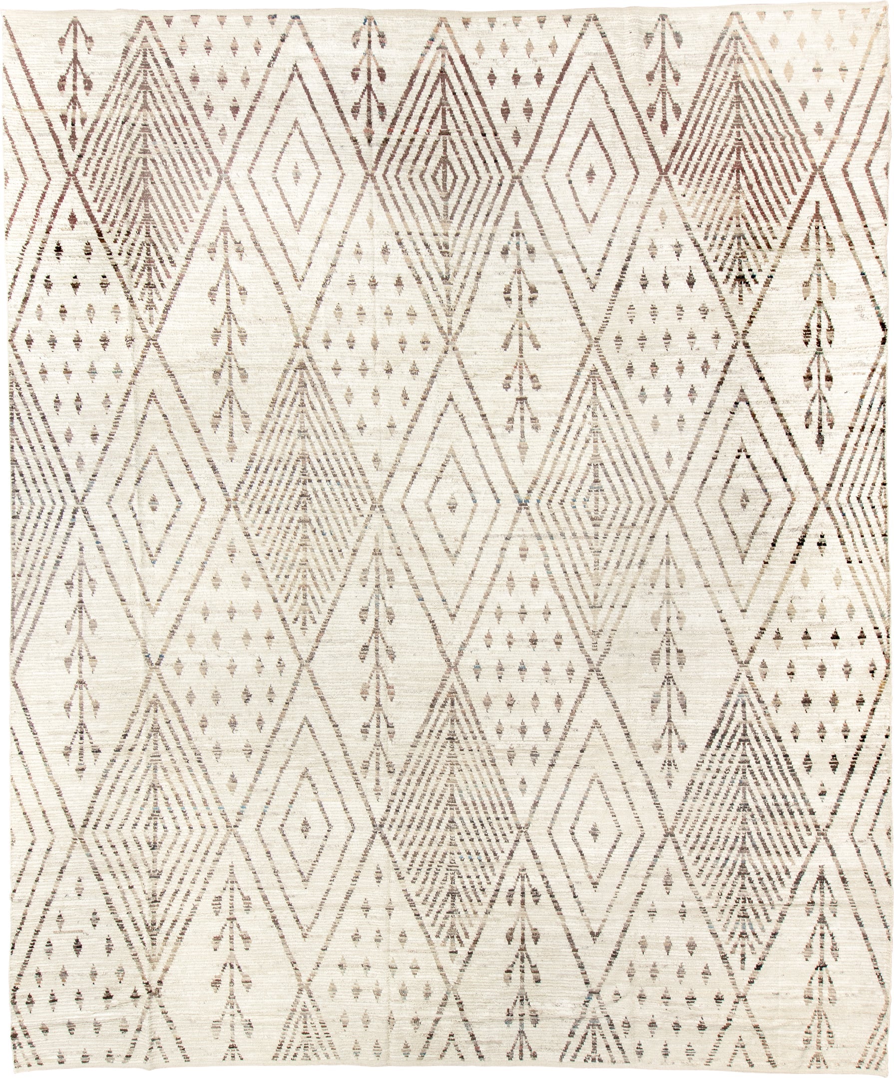 12' x 14' one-of-a-kind handmade vintage Tulu oversize rug. Color palette: ivory, taupe, brown, beige, gray