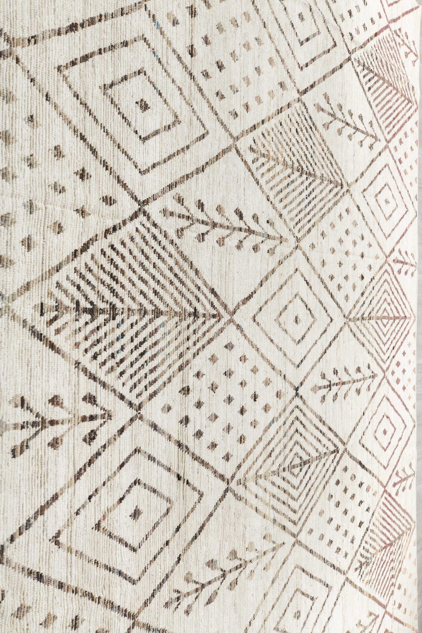 12' x 14' one-of-a-kind handmade vintage Tulu oversize rug. Color palette: ivory, taupe, brown, beige, gray