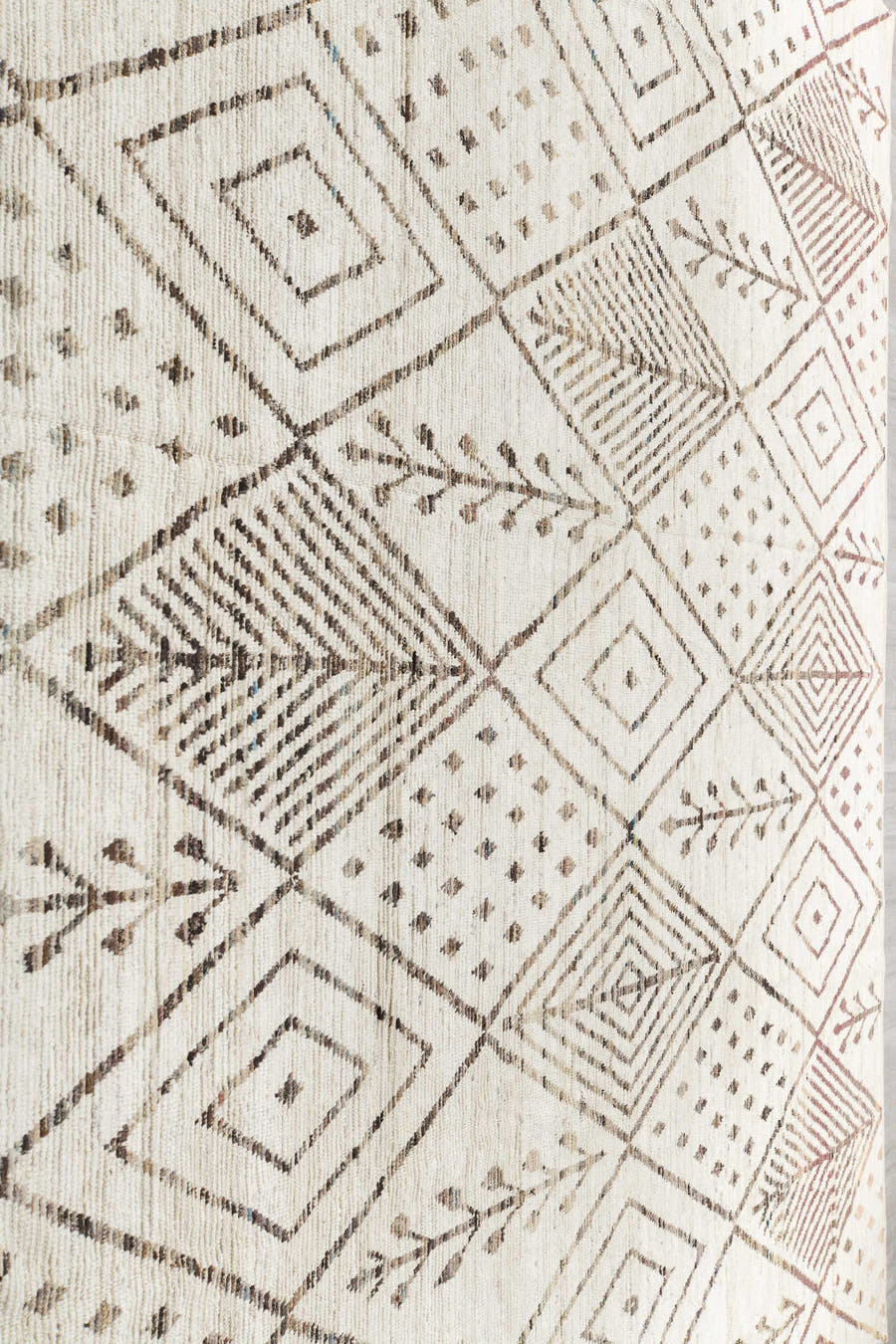 12' x 14' one-of-a-kind handmade vintage Tulu oversize rug. Color palette: ivory, taupe, brown, beige, gray