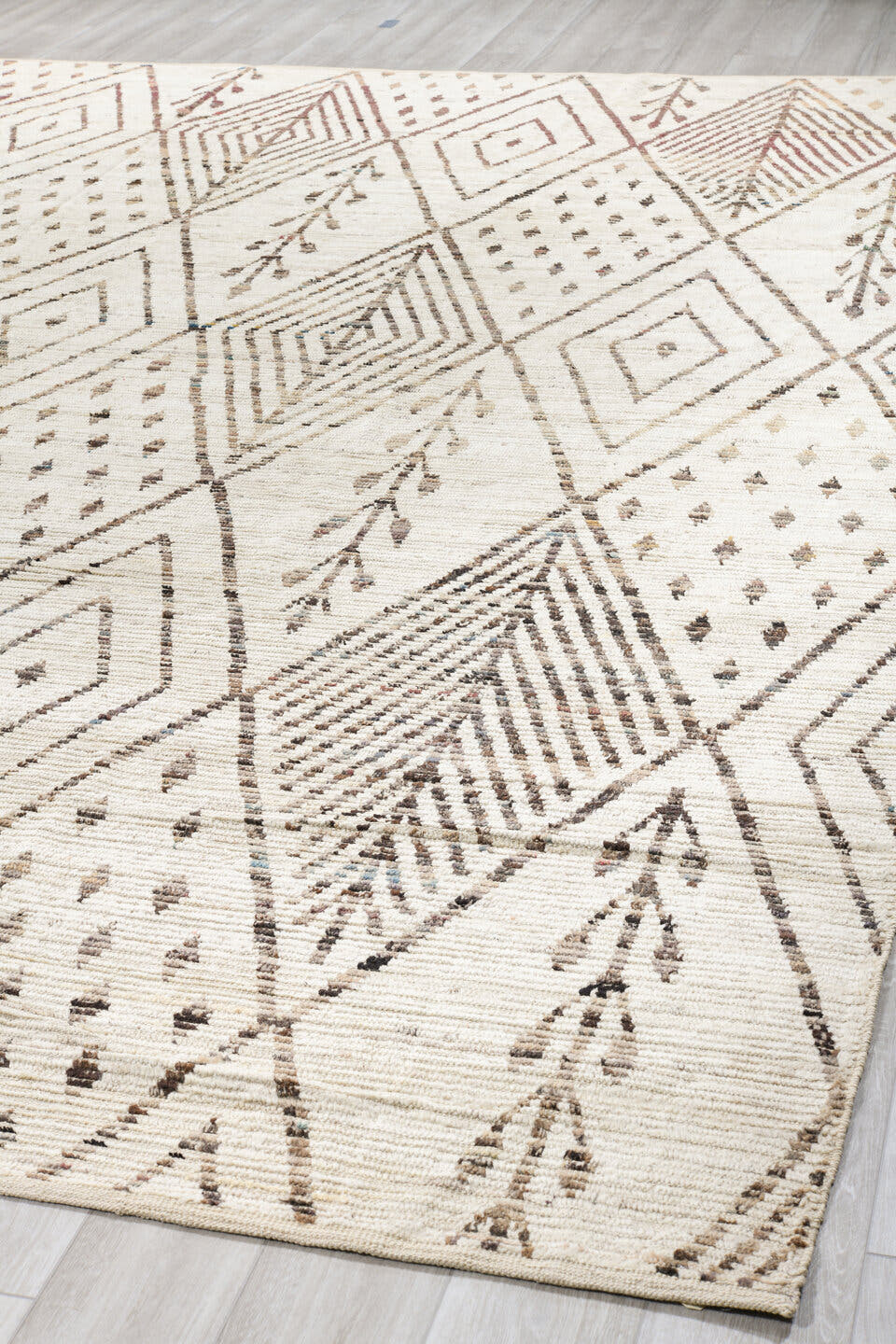 12' x 14' one-of-a-kind handmade vintage Tulu oversize rug. Color palette: ivory, taupe, brown, beige, gray