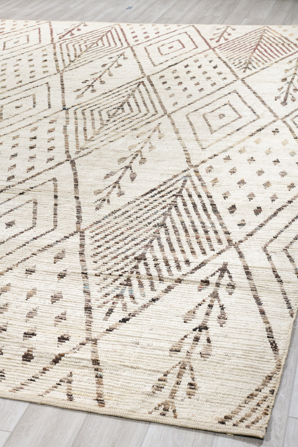 12' x 14' one-of-a-kind handmade vintage Tulu oversize rug. Color palette: ivory, taupe, brown, beige, gray