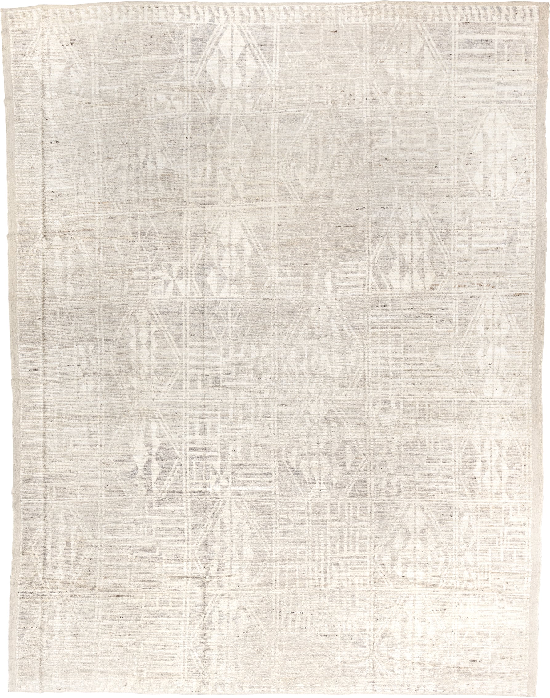 10' x 13' one-of-a-kind handmade vintage Tulu oversize rug. Color palette: ivory, cream, taupe, beige, sand, light gray