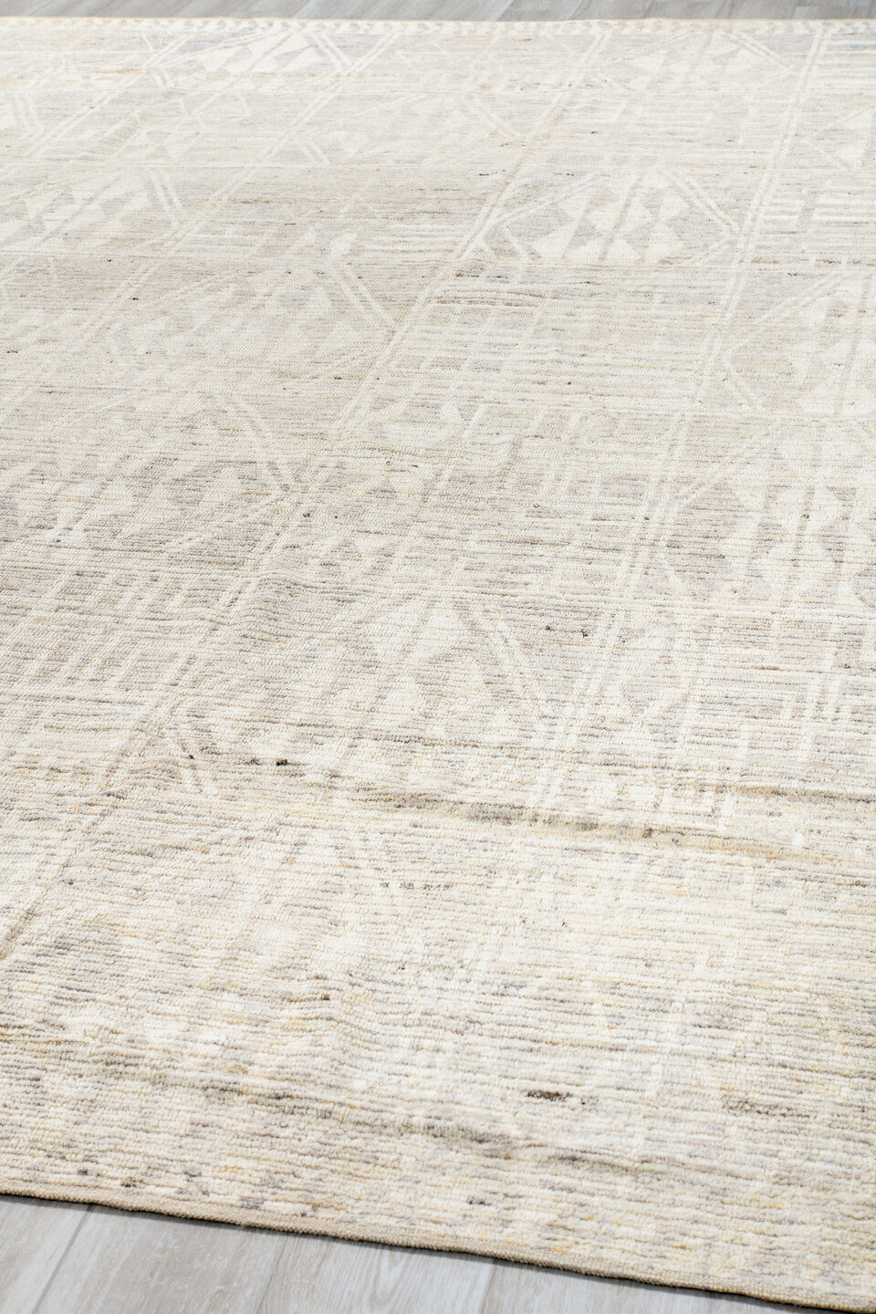 10' x 13' one-of-a-kind handmade vintage Tulu oversize rug. Color palette: ivory, cream, taupe, beige, sand, light gray