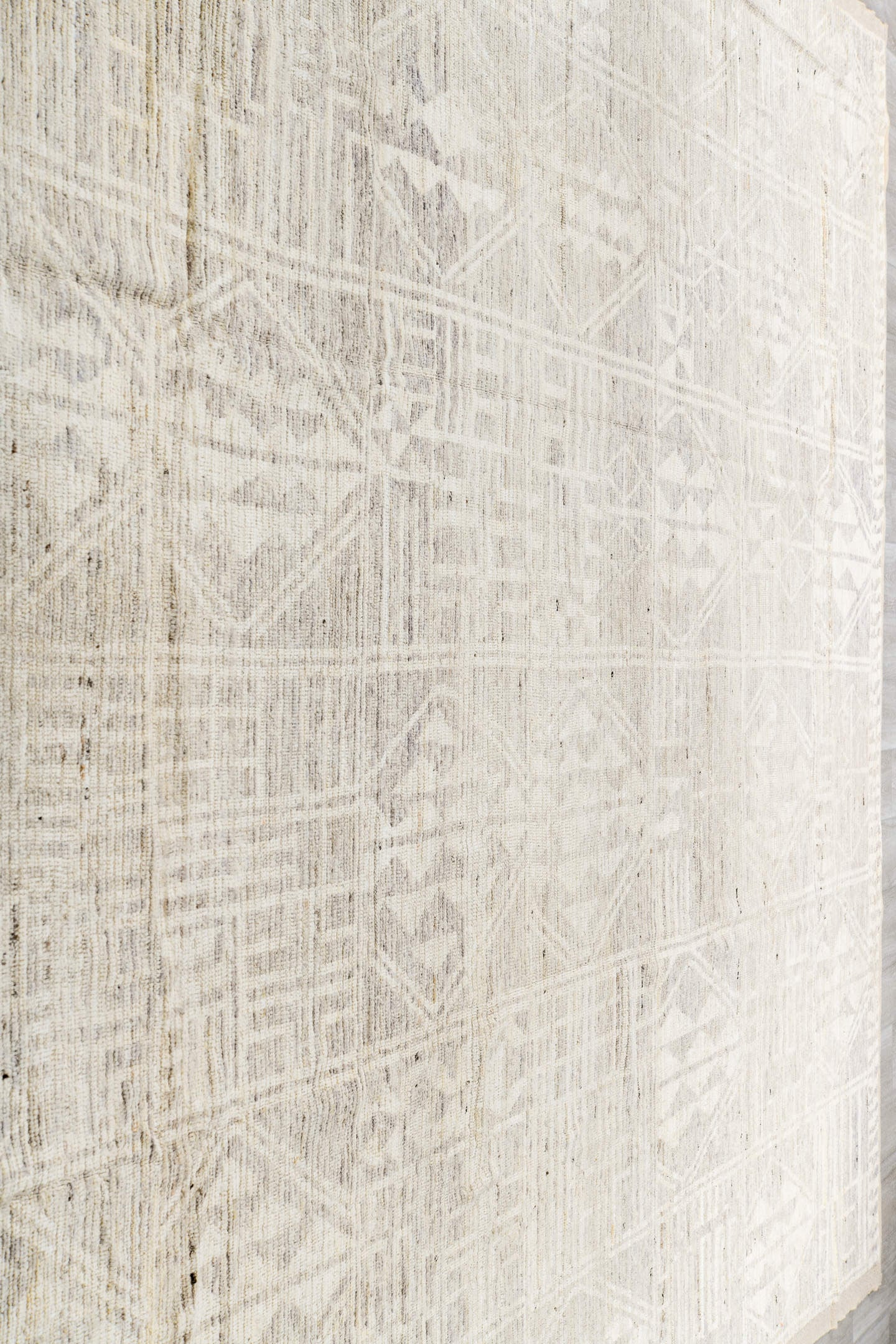 10' x 13' one-of-a-kind handmade vintage Tulu oversize rug. Color palette: ivory, cream, taupe, beige, sand, light gray