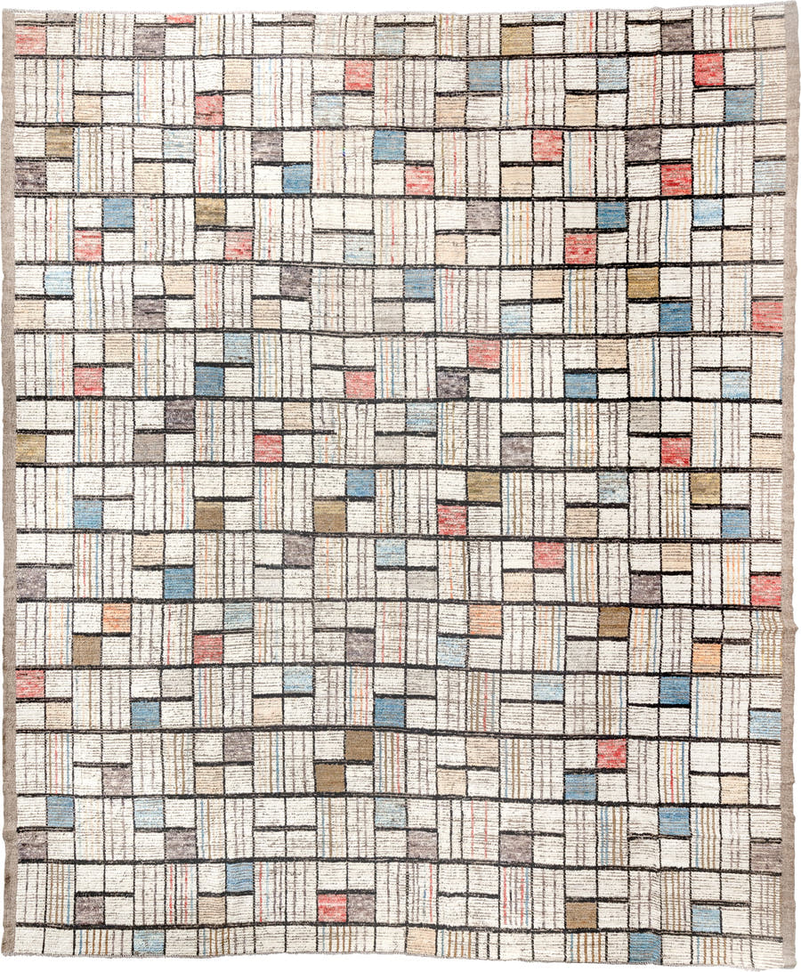 12' x 15' one-of-a-kind handmade vintage Tulu oversize rug. Color palette: ivory, charcoal, taupe, sky blue, coral, camel