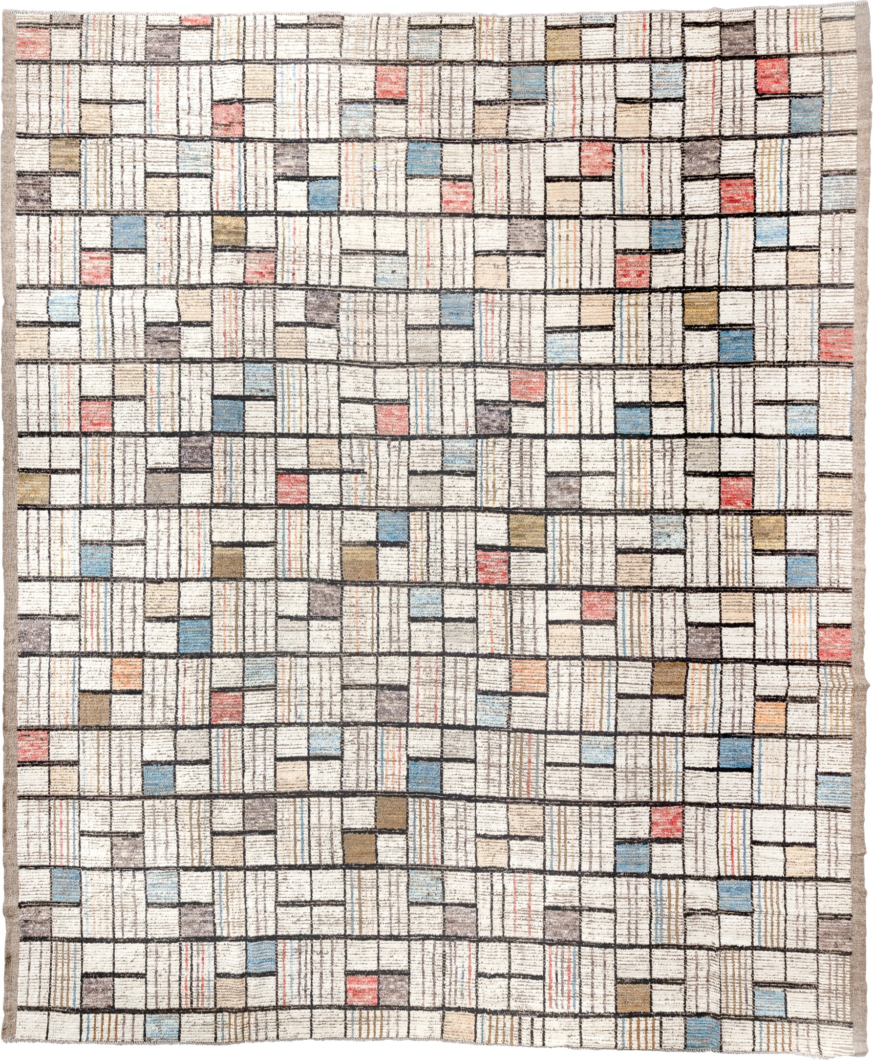 12' x 15' one-of-a-kind handmade vintage Tulu oversize rug. Color palette: ivory, charcoal, taupe, sky blue, coral, camel