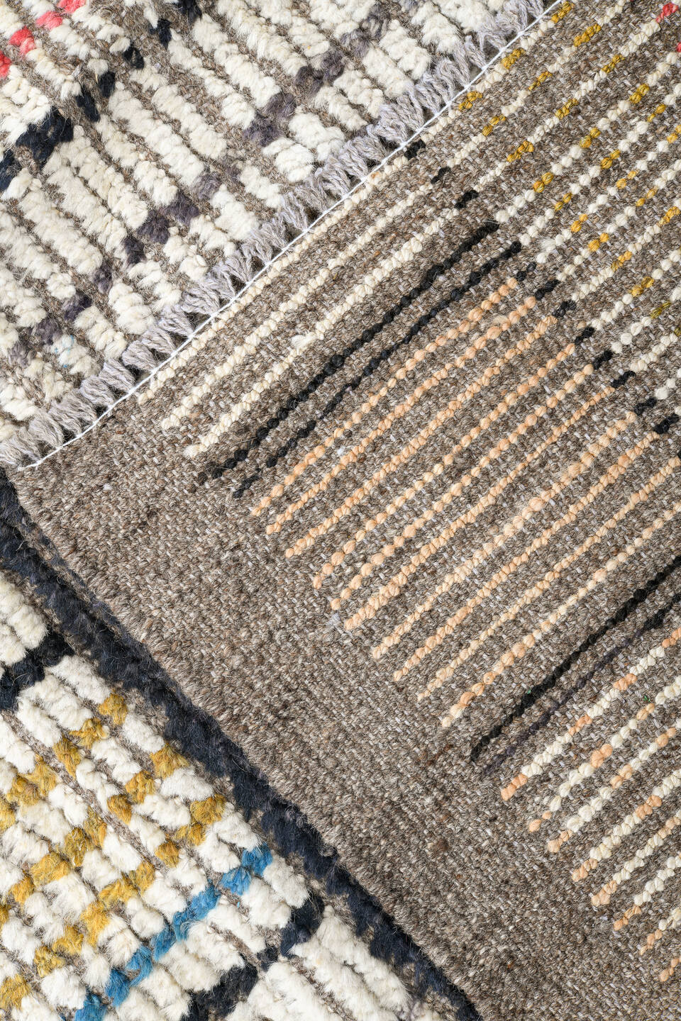 12' x 15' one-of-a-kind handmade vintage Tulu oversize rug. Color palette: ivory, charcoal, taupe, sky blue, coral, camel