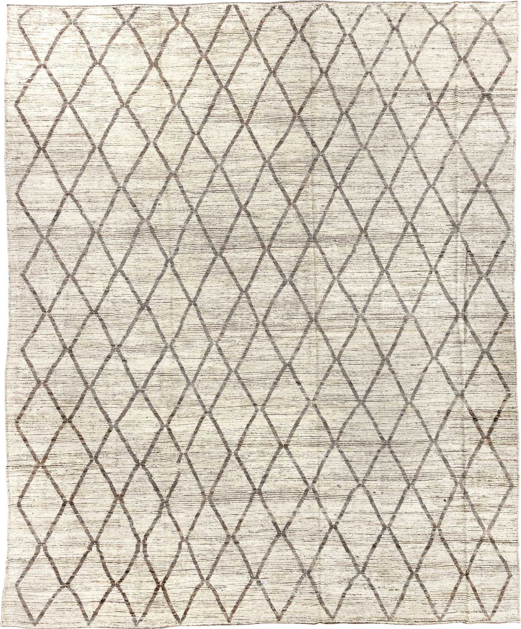 11' x 13' one-of-a-kind handmade vintage Tulu oversize rug. Color palette: ivory, taupe, brown, cream, beige, gray