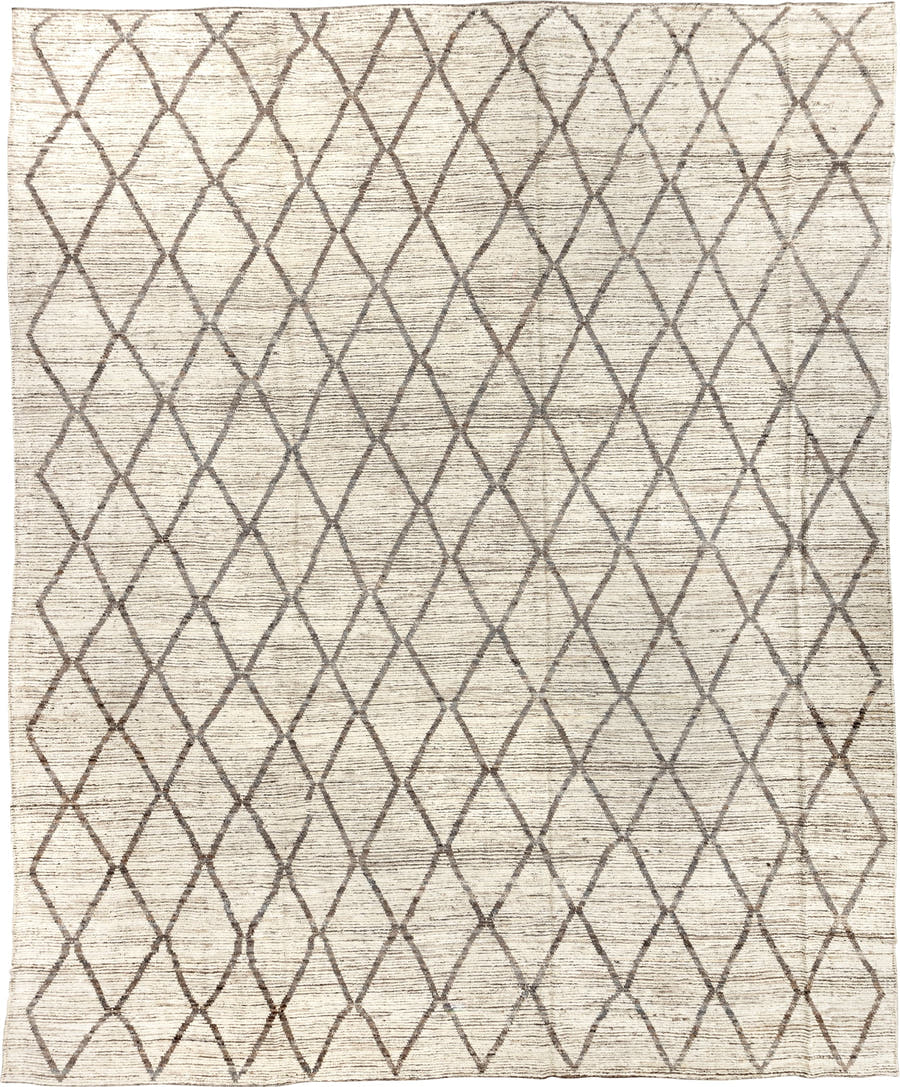 11' x 13' one-of-a-kind handmade vintage Tulu oversize rug. Color palette: ivory, taupe, brown, cream, beige, gray