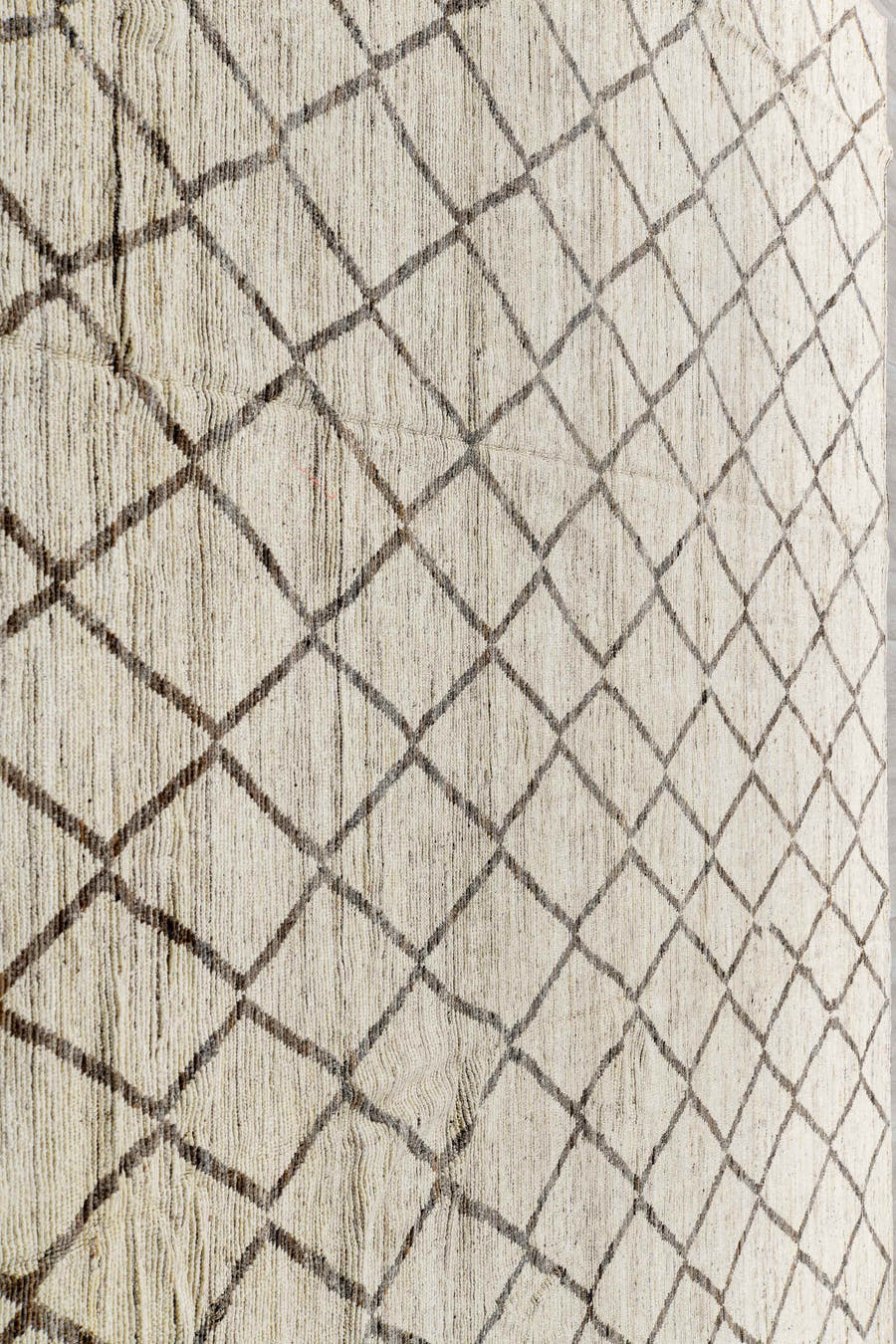 11' x 13' one-of-a-kind handmade vintage Tulu oversize rug. Color palette: ivory, taupe, brown, cream, beige, gray