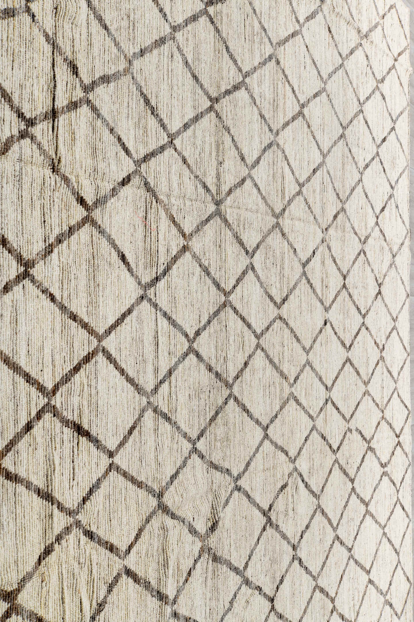 11' x 13' one-of-a-kind handmade vintage Tulu oversize rug. Color palette: ivory, taupe, brown, cream, beige, gray