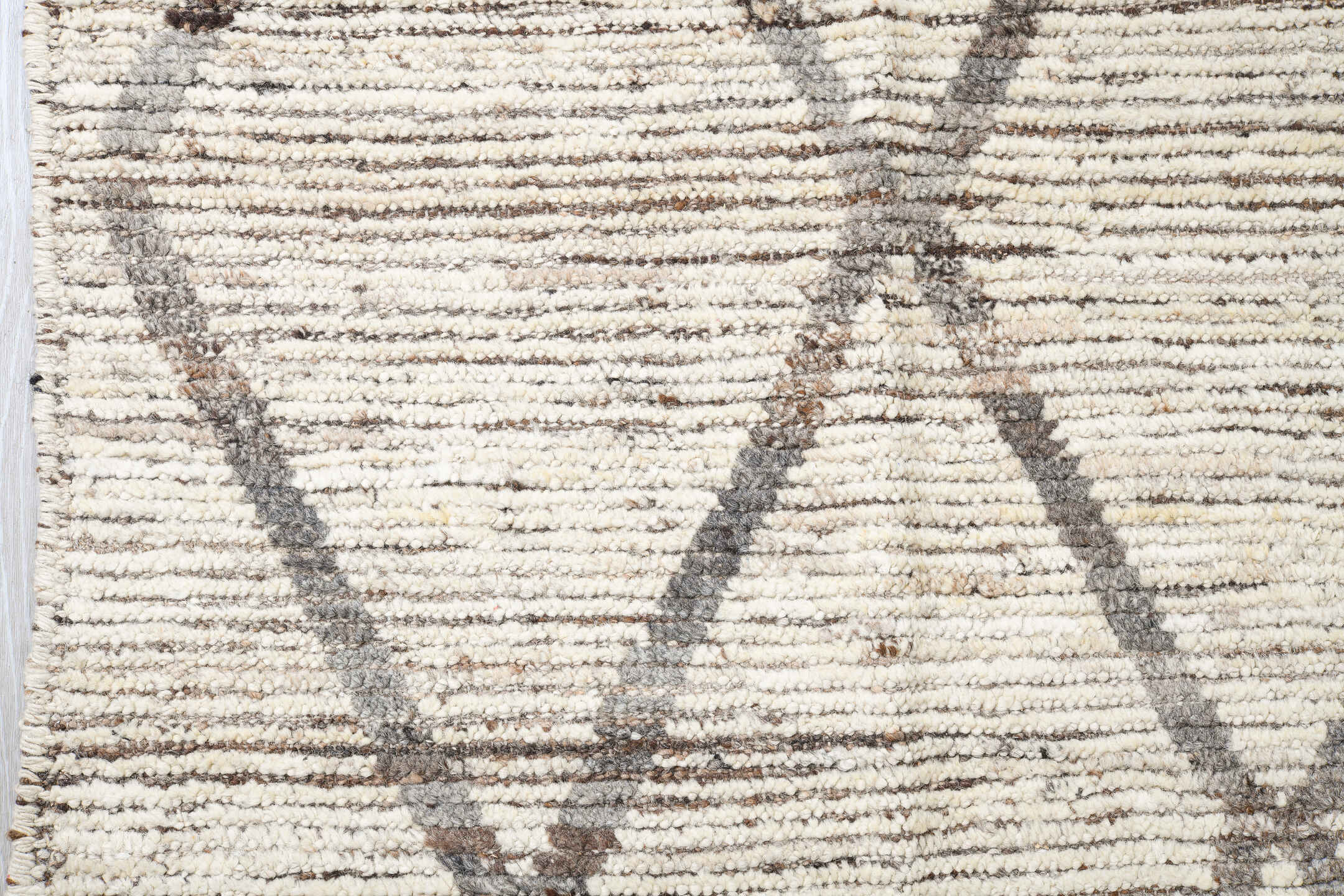 11' x 13' one-of-a-kind handmade vintage Tulu oversize rug. Color palette: ivory, taupe, brown, cream, beige, gray