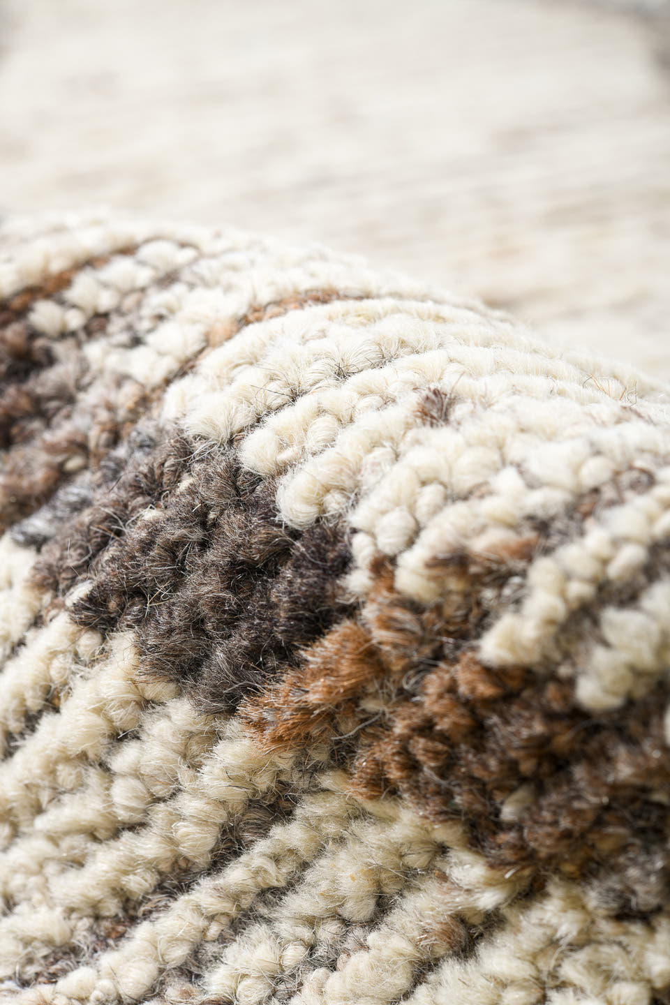 11' x 13' one-of-a-kind handmade vintage Tulu oversize rug. Color palette: ivory, taupe, brown, cream, beige, gray