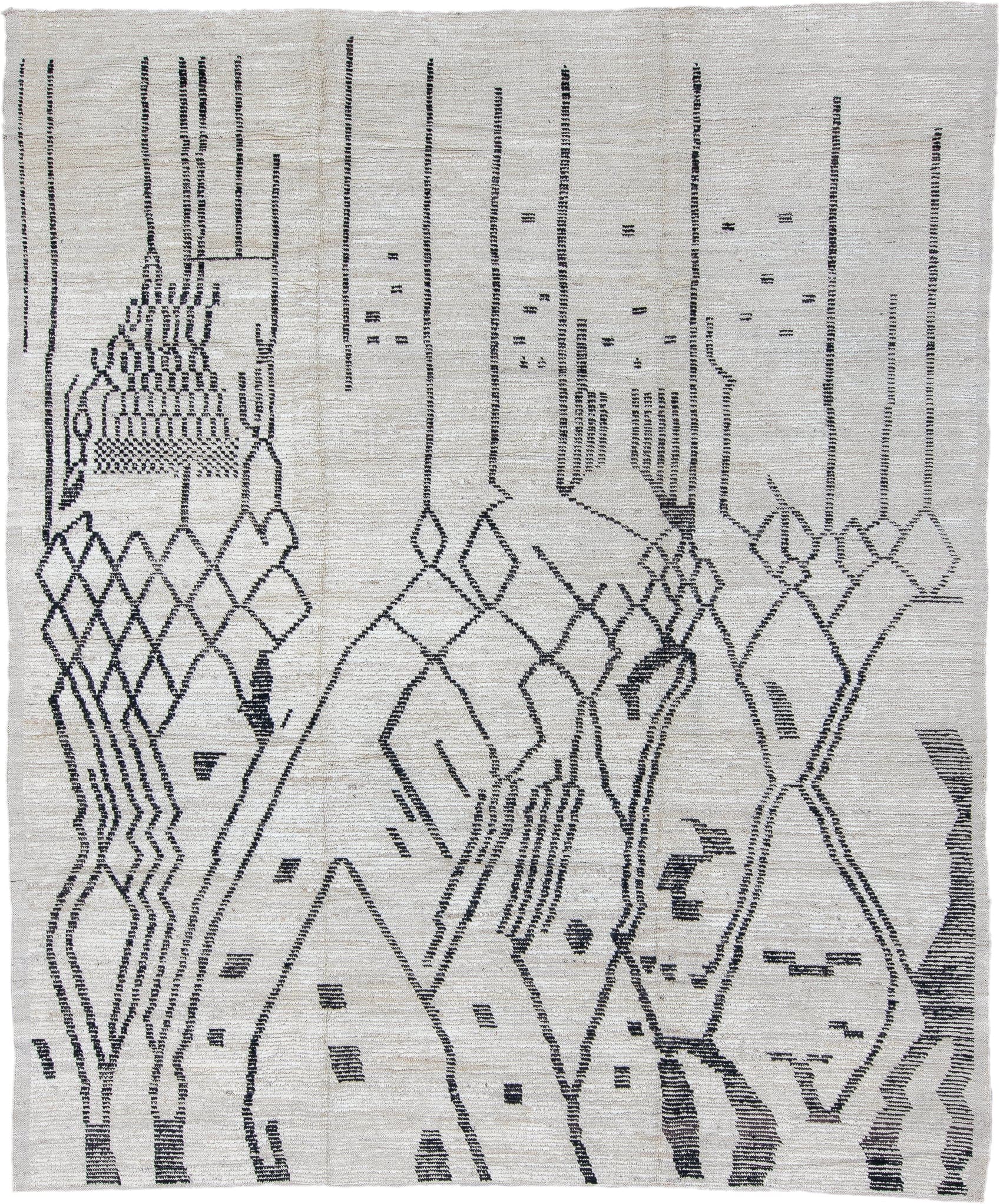 9' x 11' one-of-a-kind handmade vintage Tulu large size rug. Color palette: ivory, charcoal, gray, black