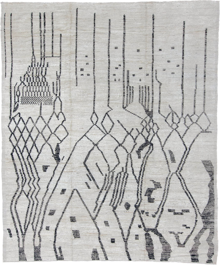 9' x 11' one-of-a-kind handmade vintage Tulu large size rug. Color palette: ivory, charcoal, gray, black