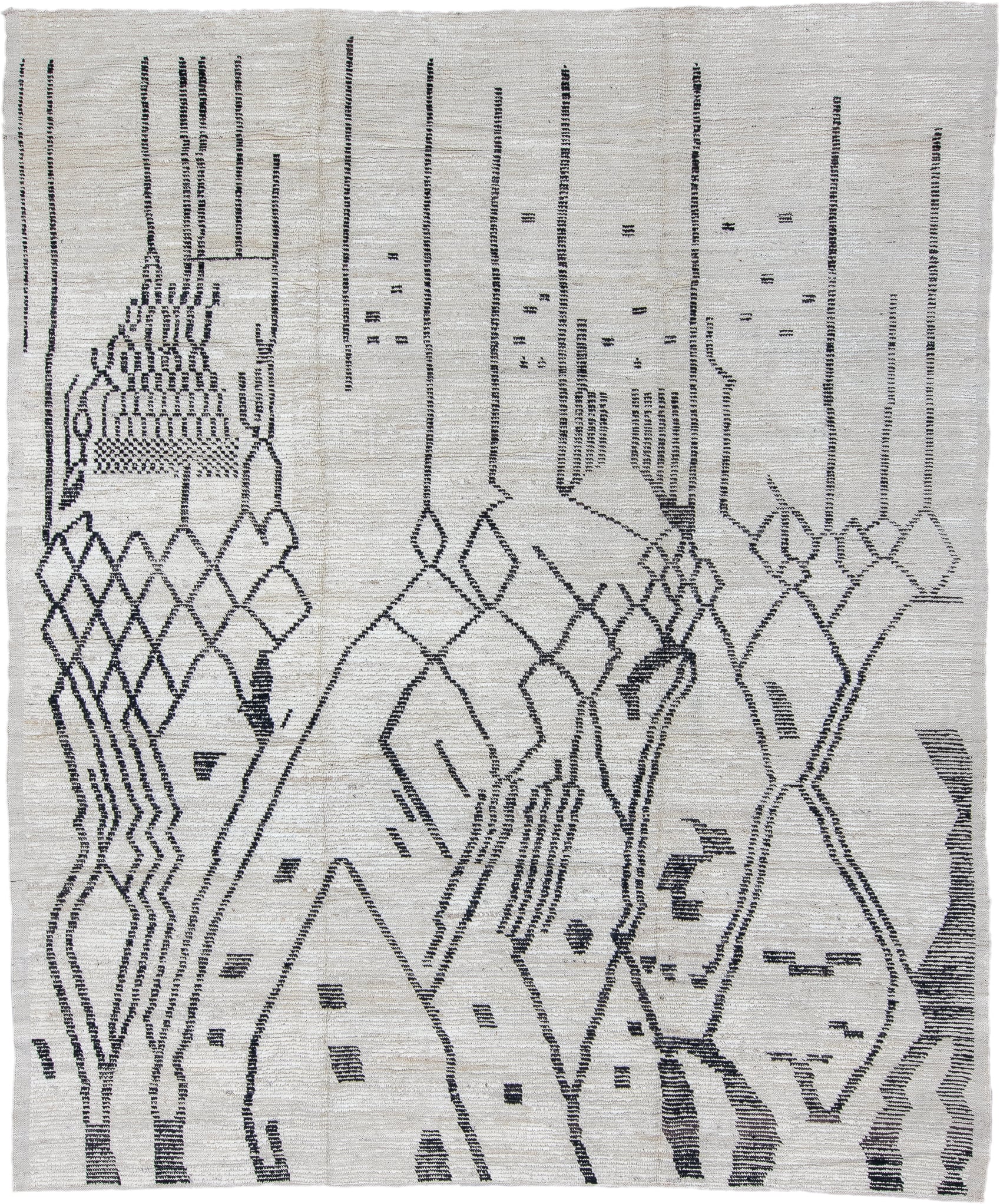 9' x 11' one-of-a-kind handmade vintage Tulu large size rug. Color palette: ivory, charcoal, gray, black