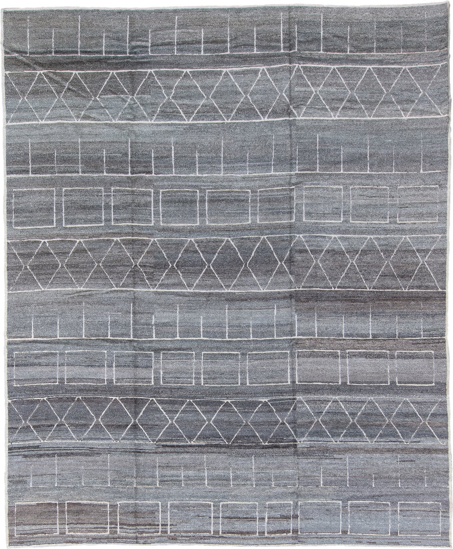 8' x 10' one-of-a-kind handmade vintage Tulu large size rug. Color palette: gray, ivory, charcoal, taupe, black, beige