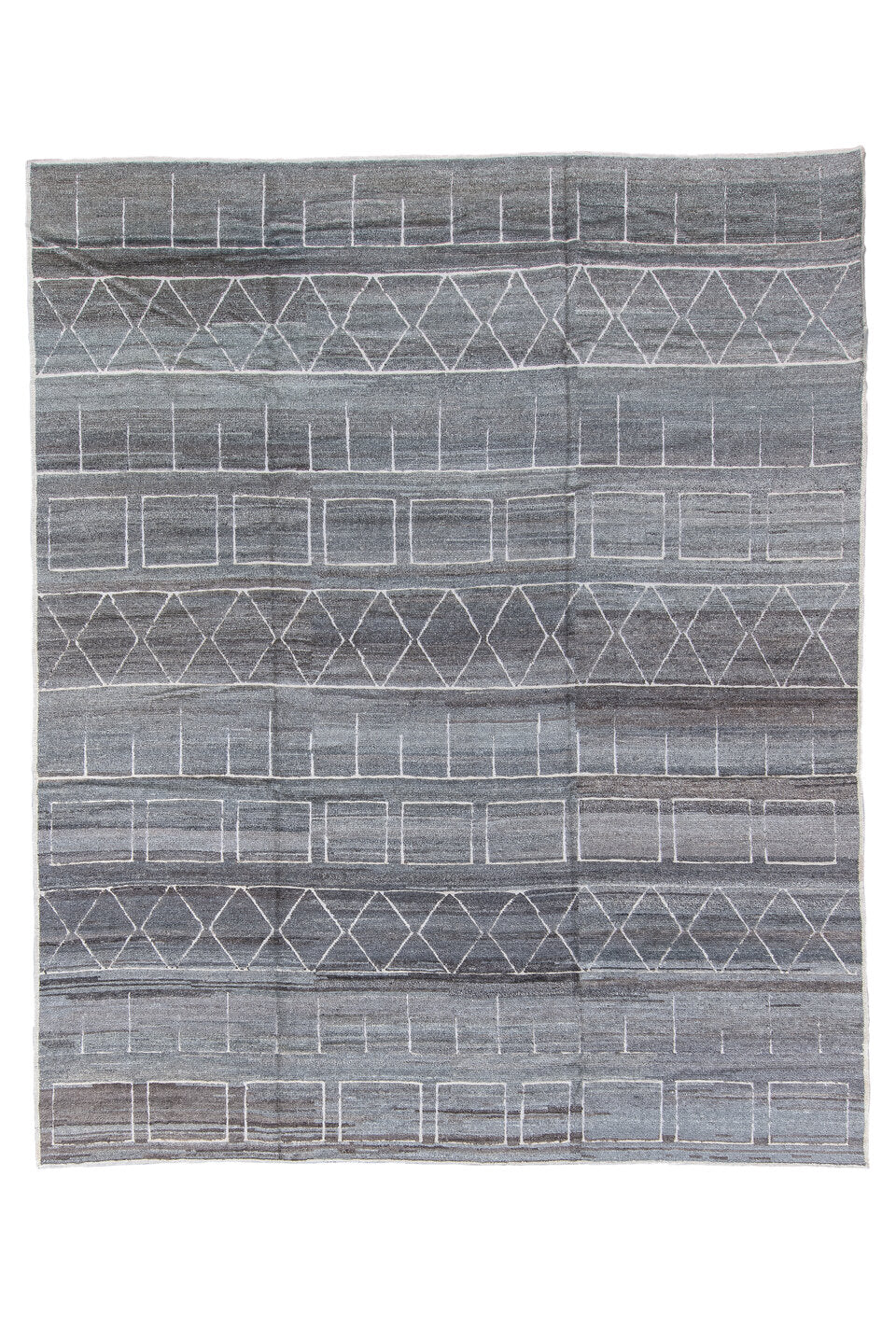 8' x 10' one-of-a-kind handmade vintage Tulu large size rug. Color palette: black, blue, charcoal, dark gray, dim gray, gray