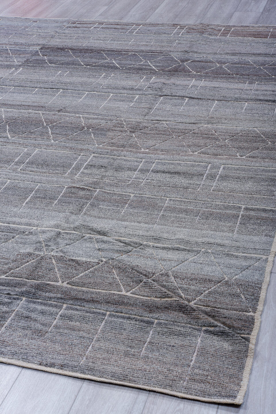 8' x 10' one-of-a-kind handmade vintage Tulu large size rug. Color palette: gray, ivory, charcoal, taupe, black, beige