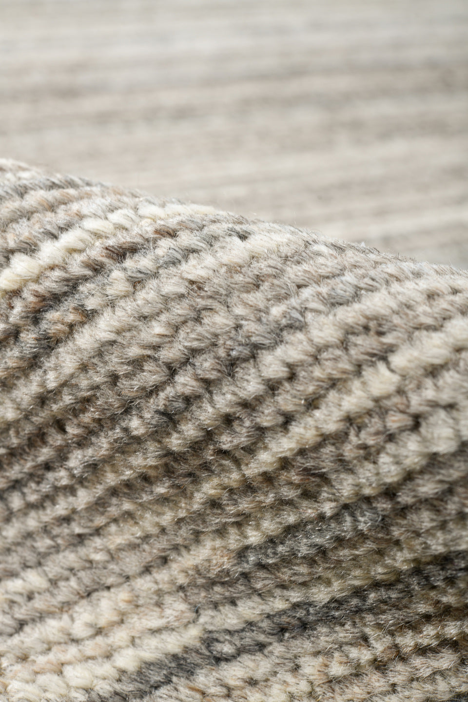 9' x 12' one-of-a-kind handmade vintage Tulu large size rug. Color palette: ivory, taupe, beige, gray