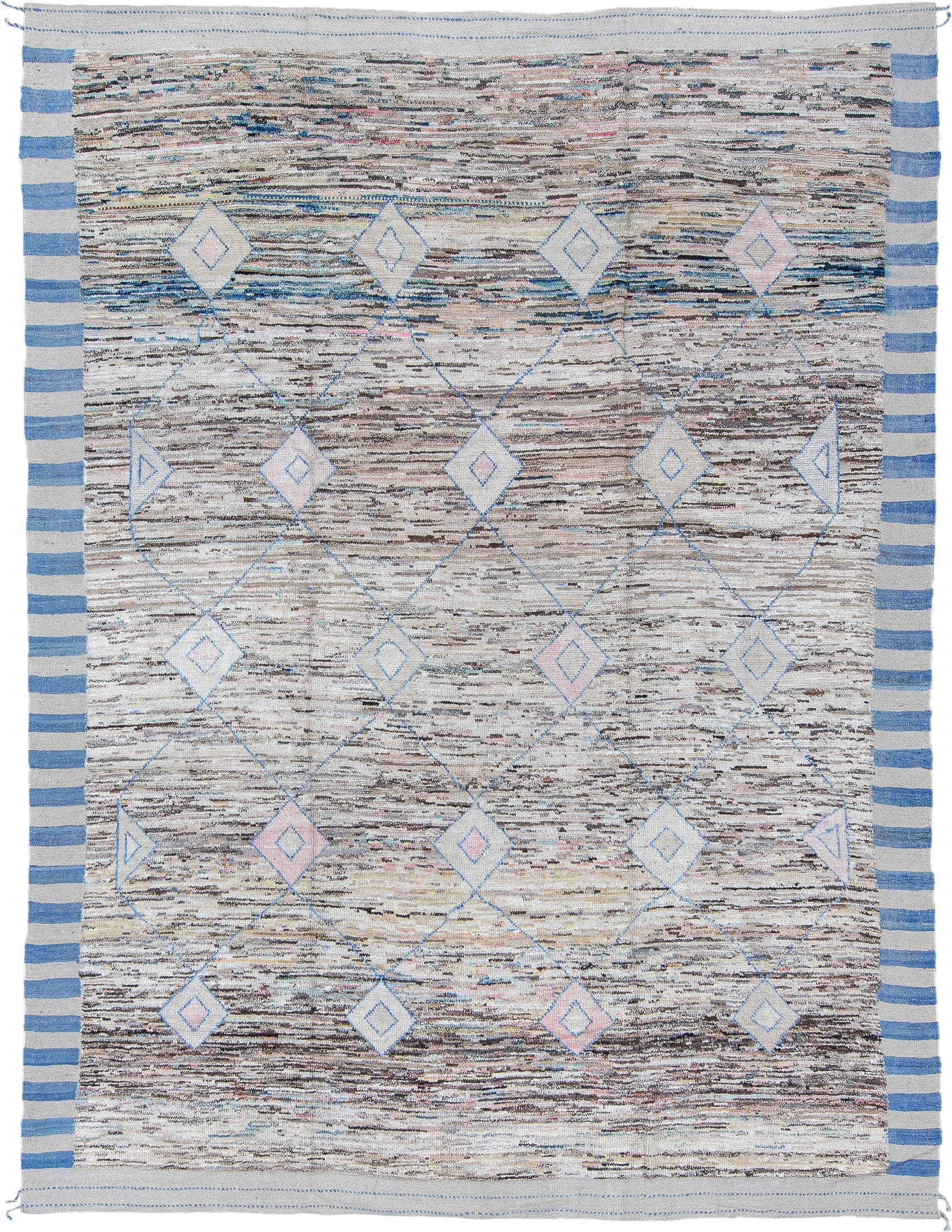 9' x 12' one-of-a-kind handmade vintage Tulu large size rug. Color palette: ivory, sky blue, taupe, brown, blush, gray