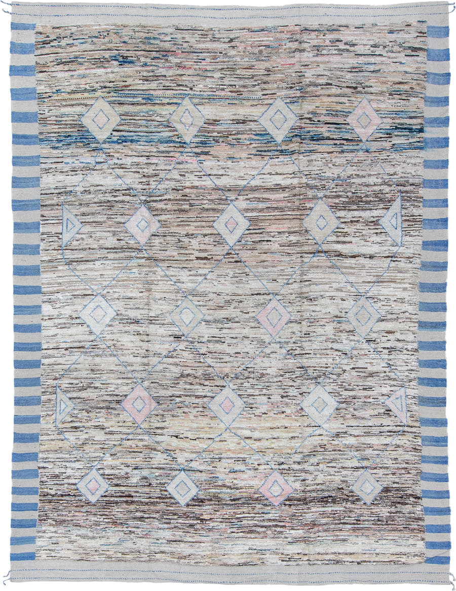 9' x 12' one-of-a-kind handmade vintage Tulu large size rug. Color palette: ivory, sky blue, taupe, brown, blush, gray