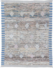 9' x 12' one-of-a-kind handmade vintage Tulu large size rug. Color palette: ivory, sky blue, taupe, brown, blush, gray