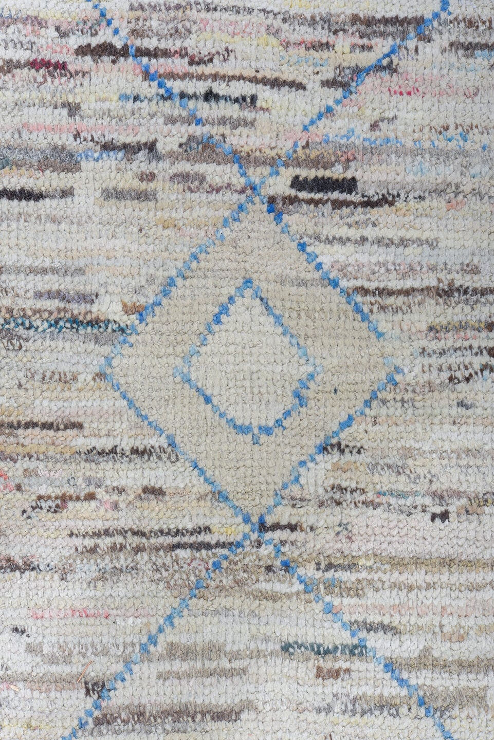 9' x 12' one-of-a-kind handmade vintage Tulu large size rug. Color palette: ivory, sky blue, taupe, brown, blush, gray