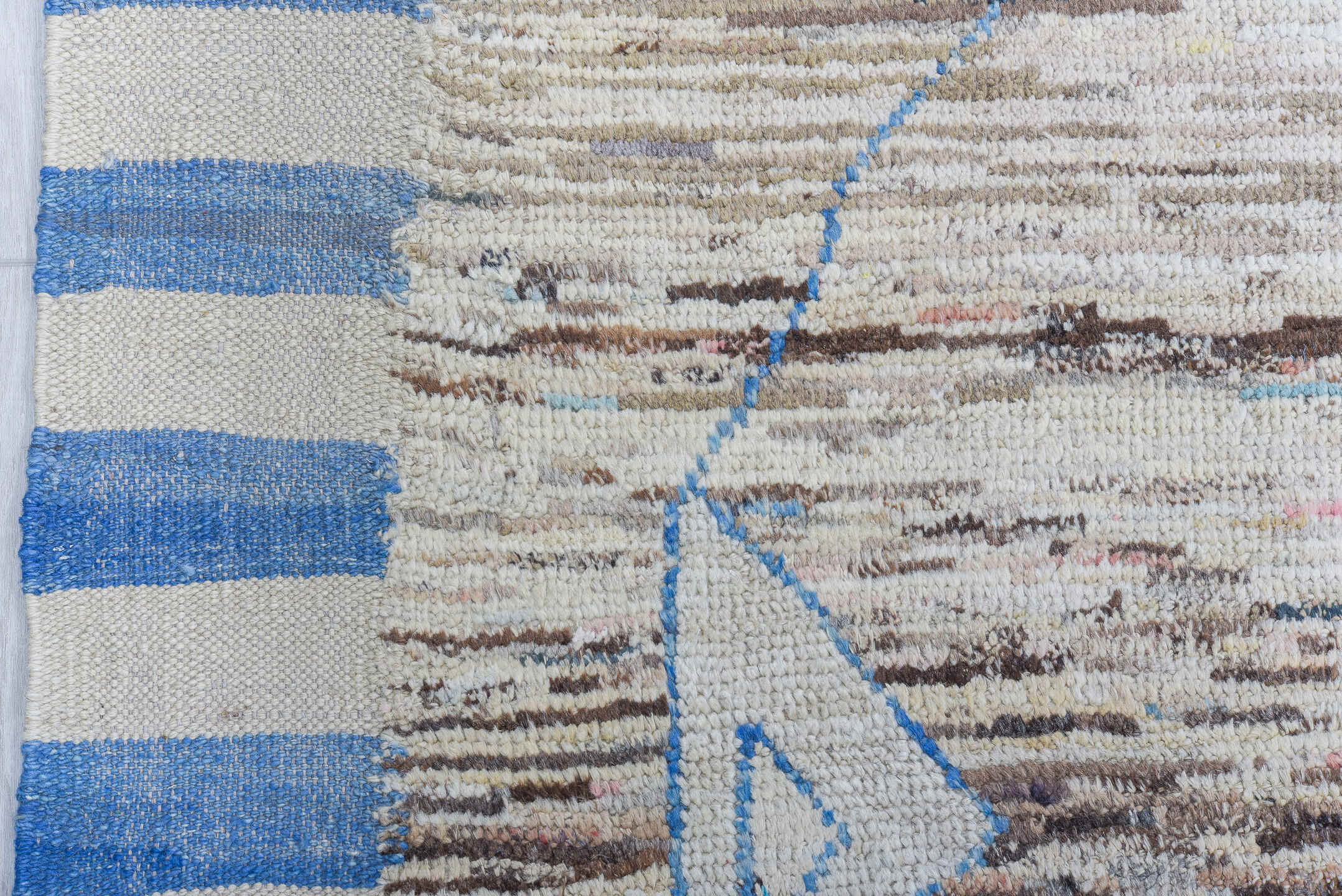 9' x 12' one-of-a-kind handmade vintage Tulu large size rug. Color palette: ivory, sky blue, taupe, brown, blush, gray