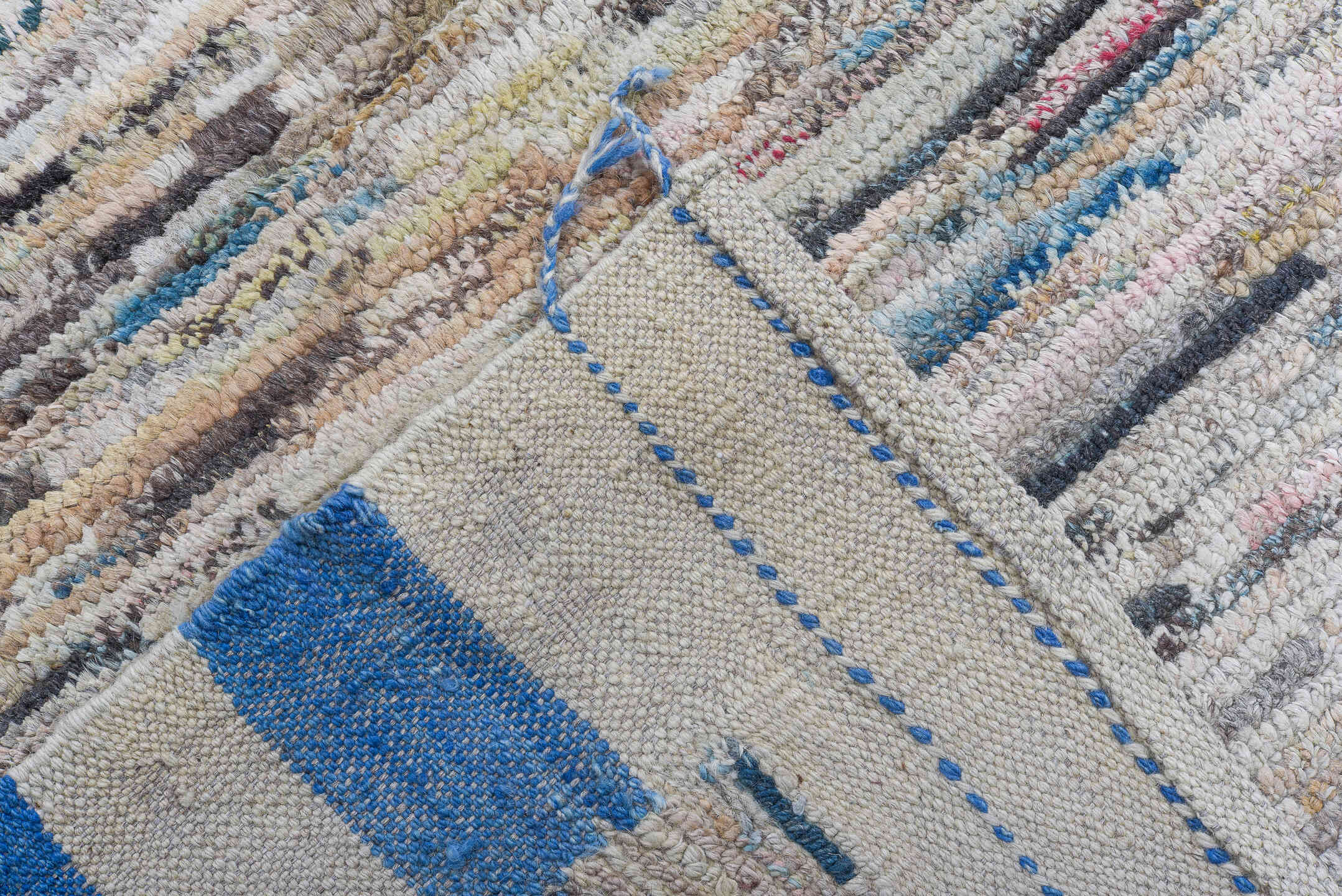 9' x 12' one-of-a-kind handmade vintage Tulu large size rug. Color palette: ivory, sky blue, taupe, brown, blush, gray