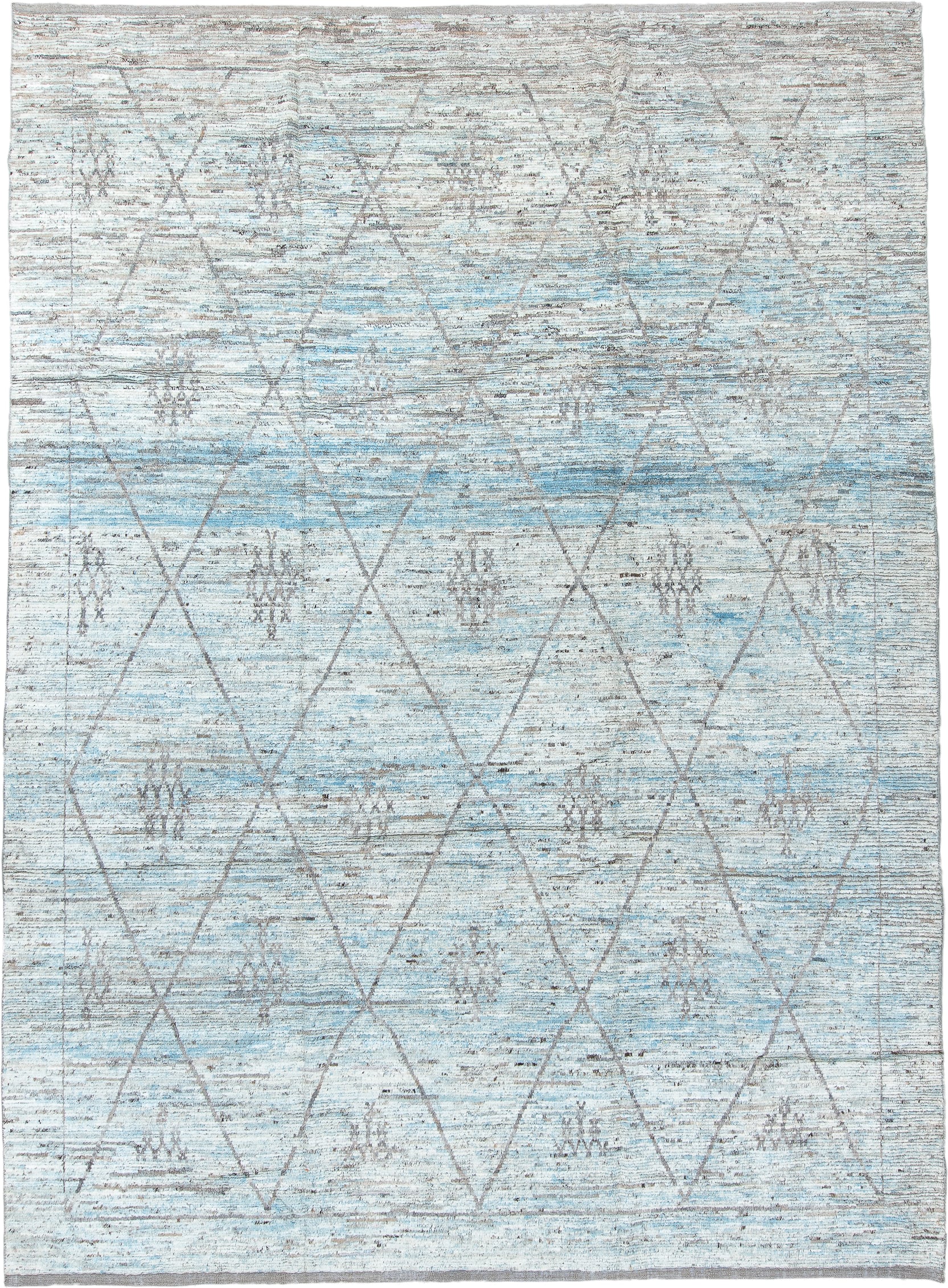 10' x 14' one-of-a-kind handmade vintage Tulu large size rug. Color palette: ivory, pale blue, taupe, light gray, light blue
