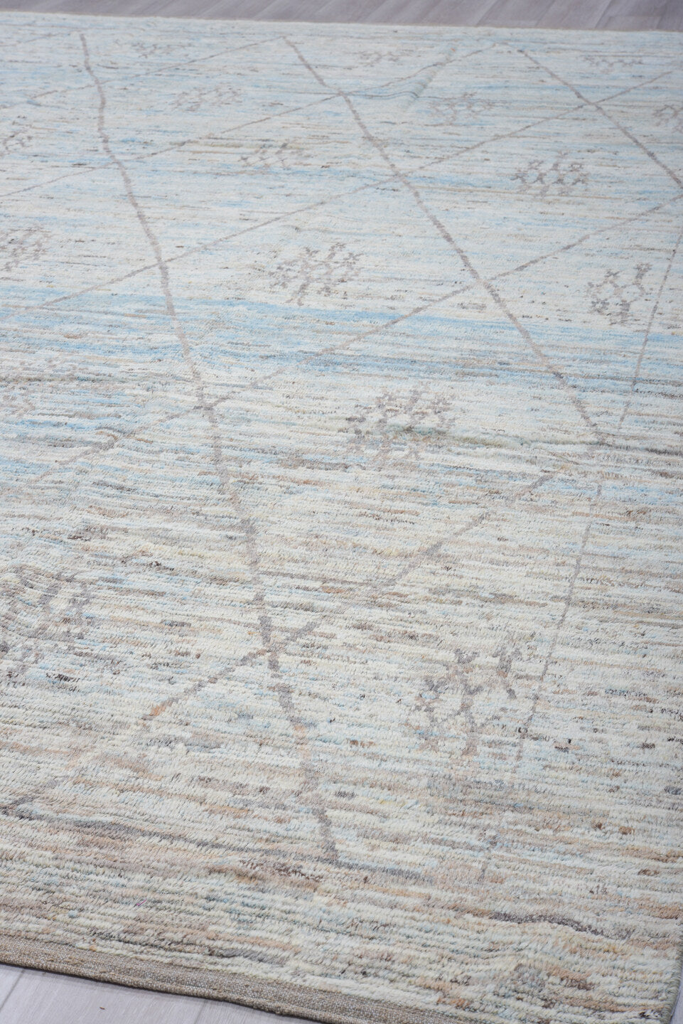 10' x 14' one-of-a-kind handmade vintage Tulu large size rug. Color palette: ivory, pale blue, taupe, light gray, light blue