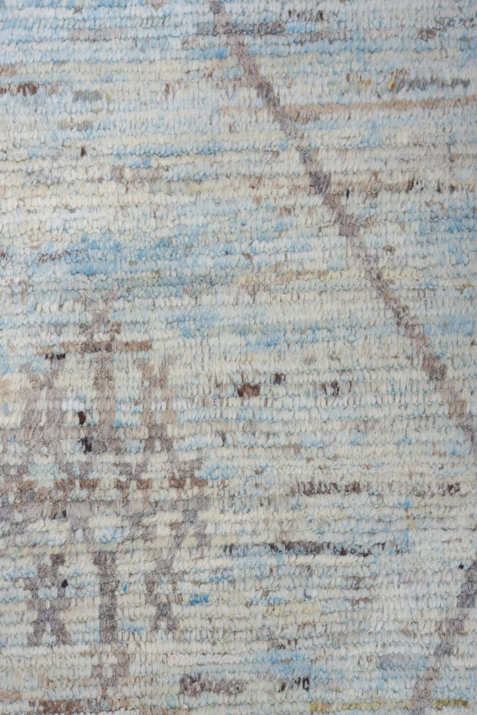 10' x 14' one-of-a-kind handmade vintage Tulu large size rug. Color palette: ivory, pale blue, taupe, light gray, light blue
