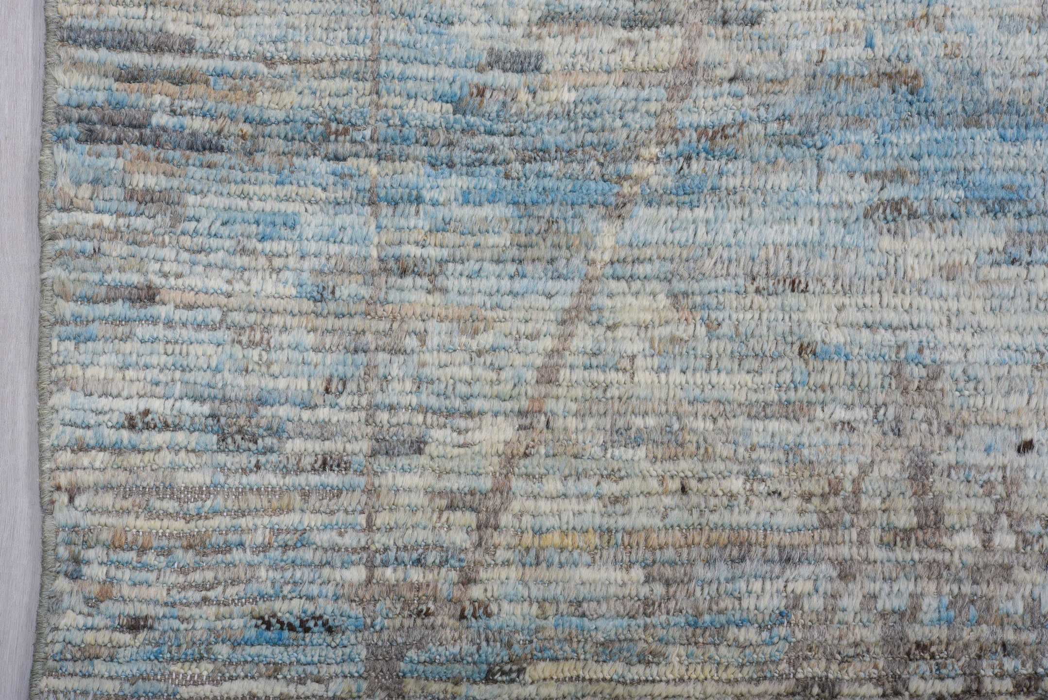 10' x 14' one-of-a-kind handmade vintage Tulu large size rug. Color palette: ivory, pale blue, taupe, light gray, light blue