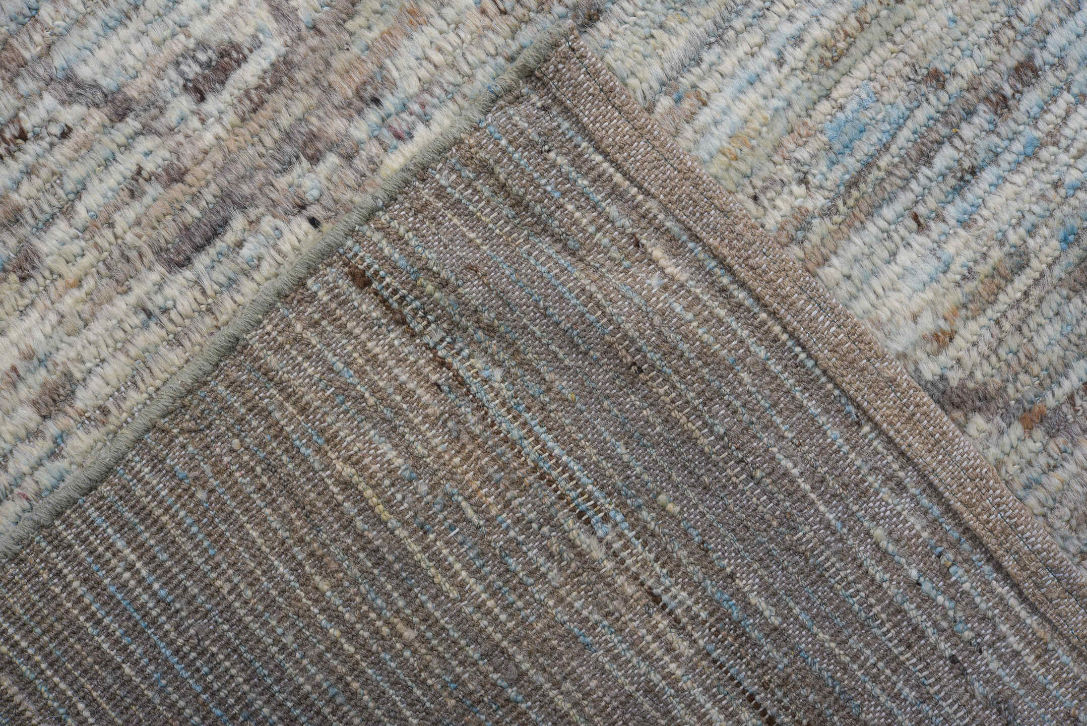 10' x 14' one-of-a-kind handmade vintage Tulu large size rug. Color palette: ivory, pale blue, taupe, light gray, light blue