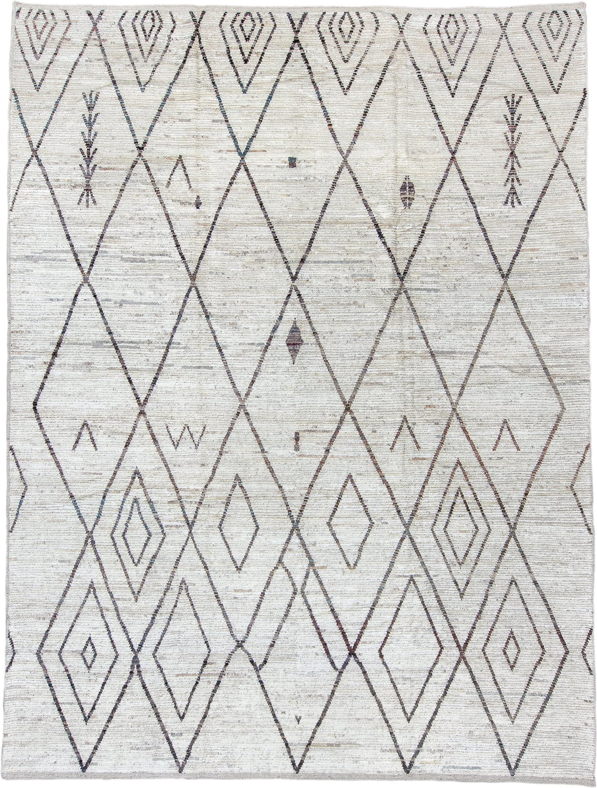 10' x 13' one-of-a-kind handmade vintage Tulu large size rug. Color palette: ivory, charcoal, taupe, brown, gray, black