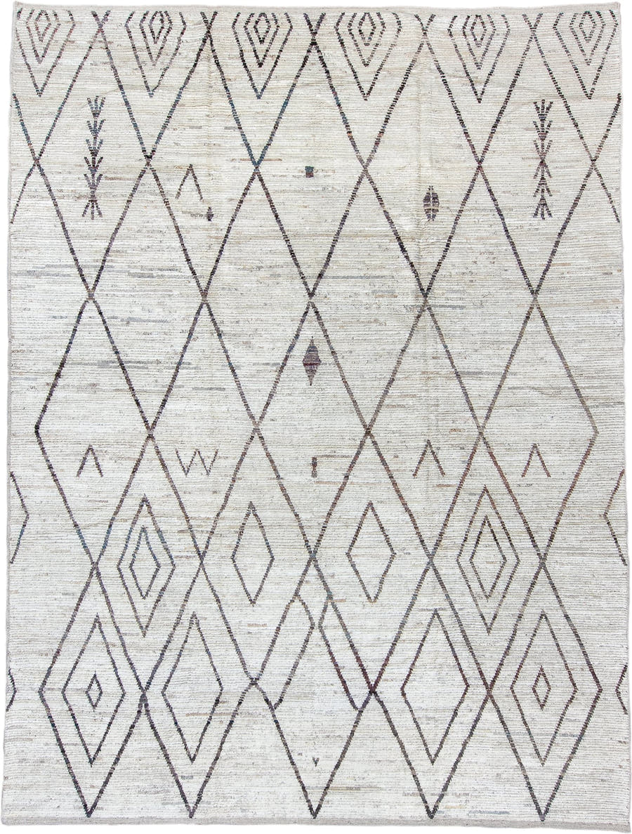 10' x 13' one-of-a-kind handmade vintage Tulu large size rug. Color palette: ivory, charcoal, taupe, brown, gray, black
