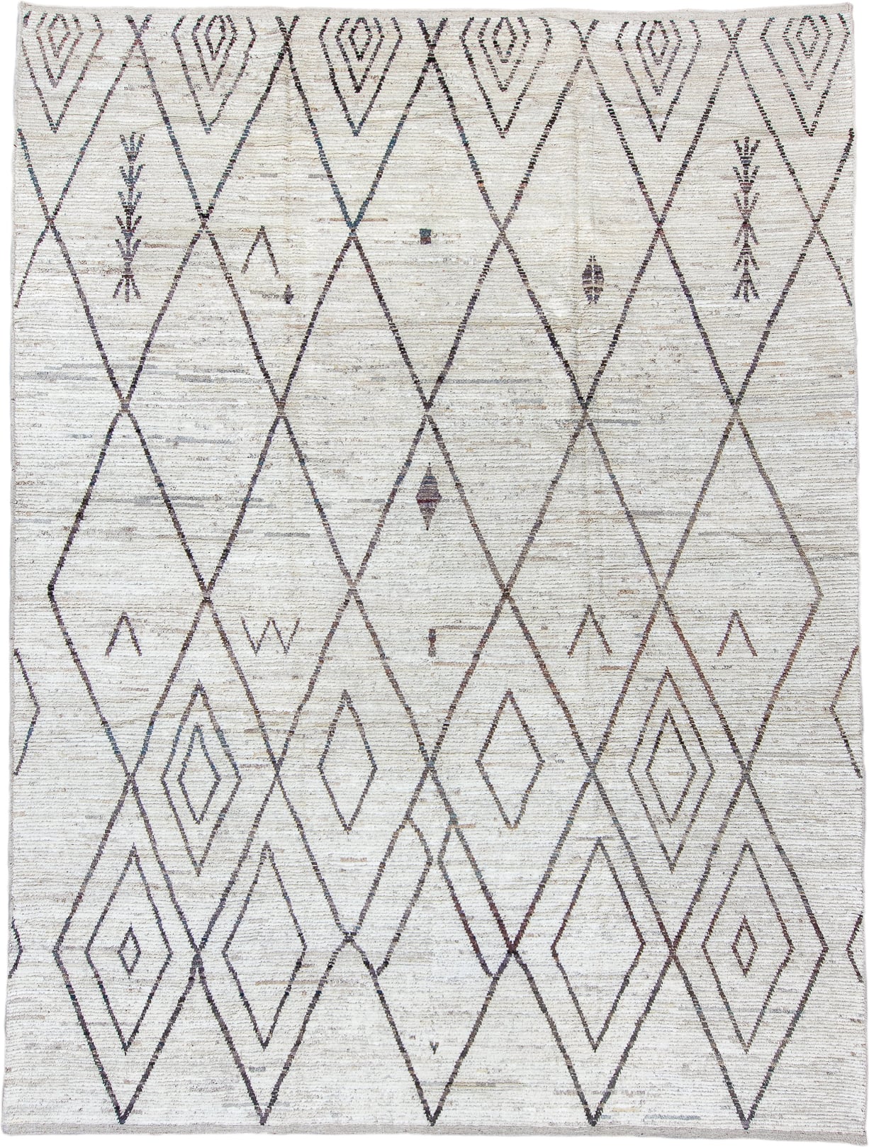 10' x 13' one-of-a-kind handmade vintage Tulu large size rug. Color palette: ivory, charcoal, taupe, brown, gray, black