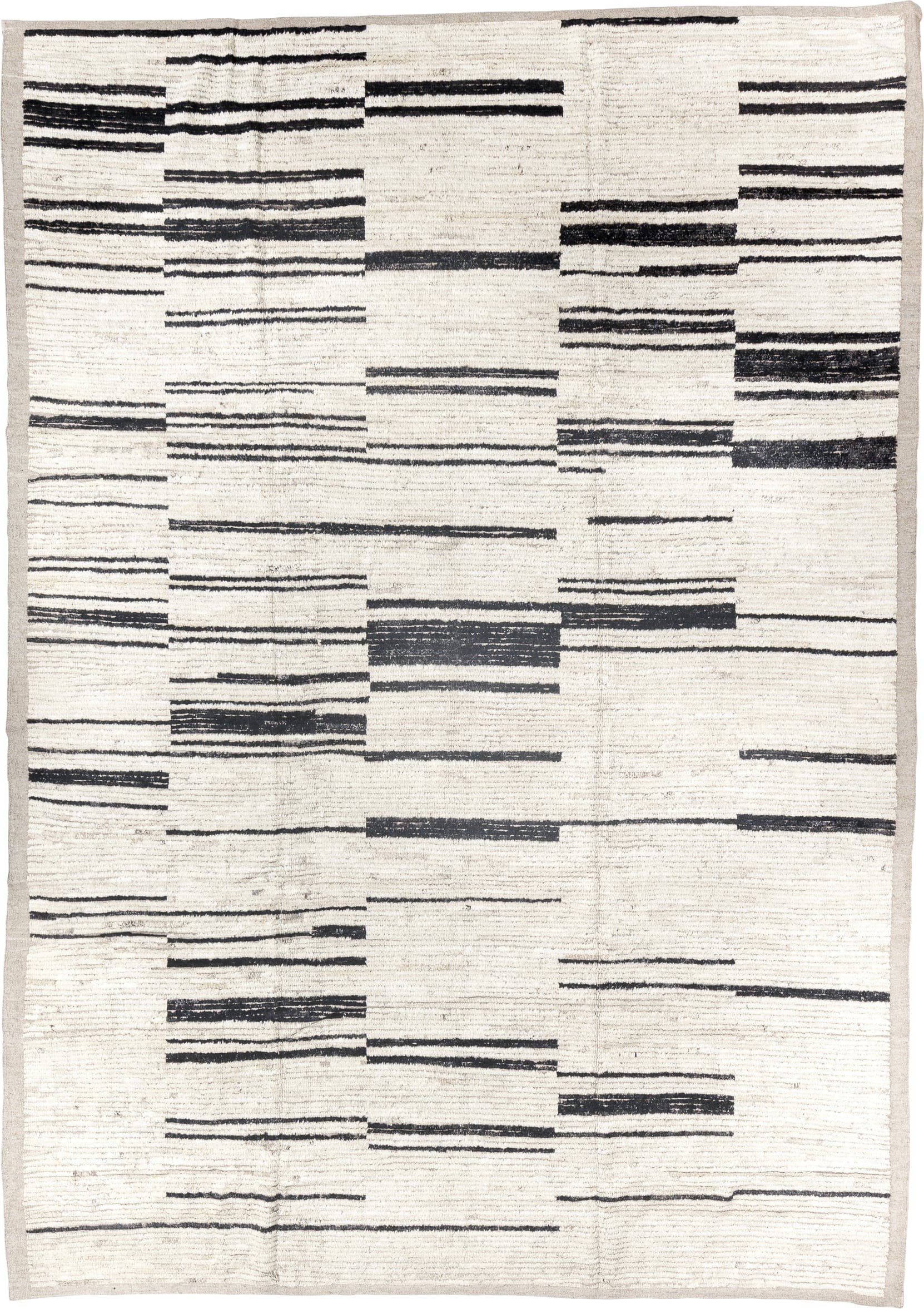 8' x 12' one-of-a-kind handmade vintage Tulu large size rug. Color palette: ivory, charcoal, taupe, gray, black, beige