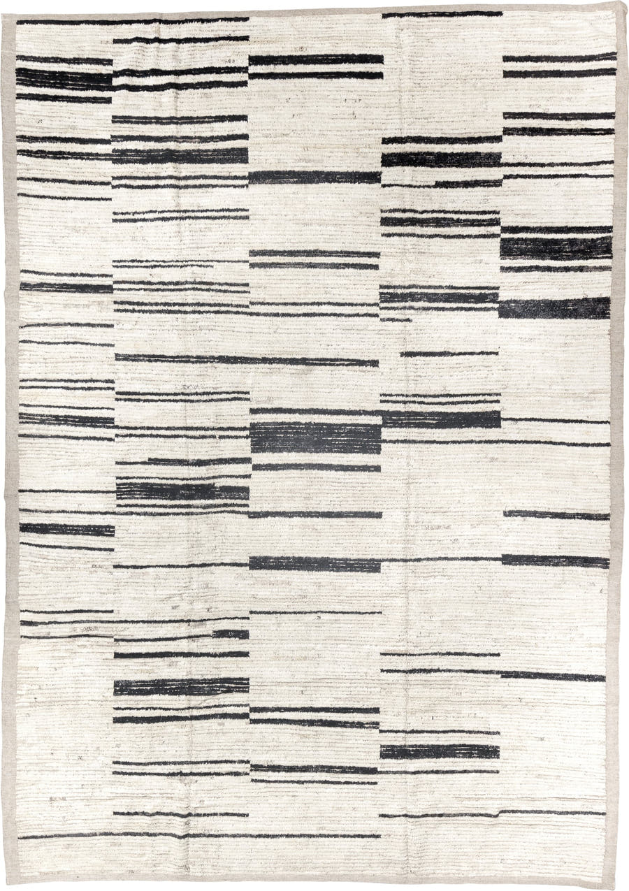 8' x 12' one-of-a-kind handmade vintage Tulu large size rug. Color palette: ivory, charcoal, taupe, gray, black, beige