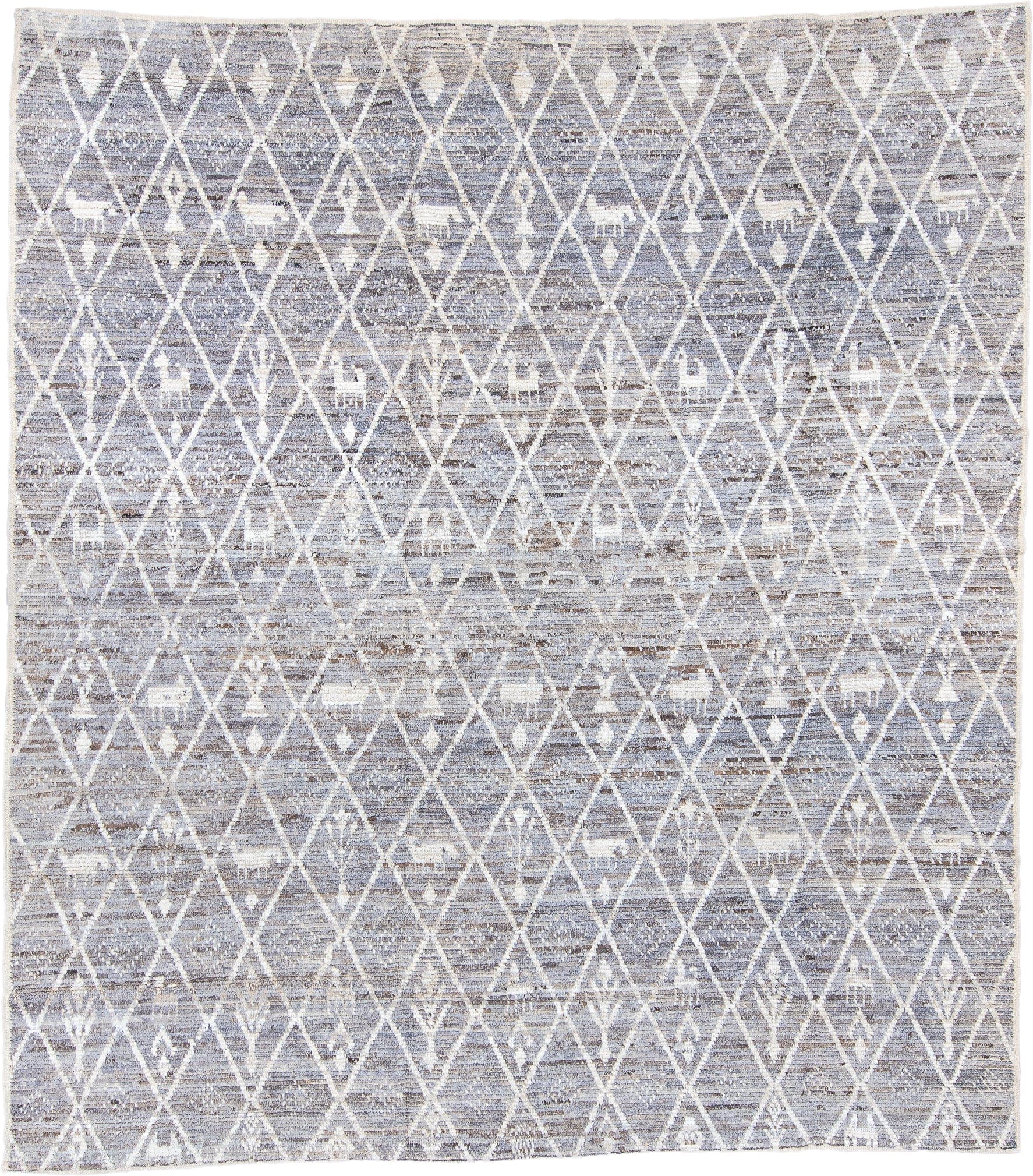 8' x 9' one-of-a-kind handmade vintage Tulu rug. Color palette: ivory, gray, taupe, greige, stone, beige